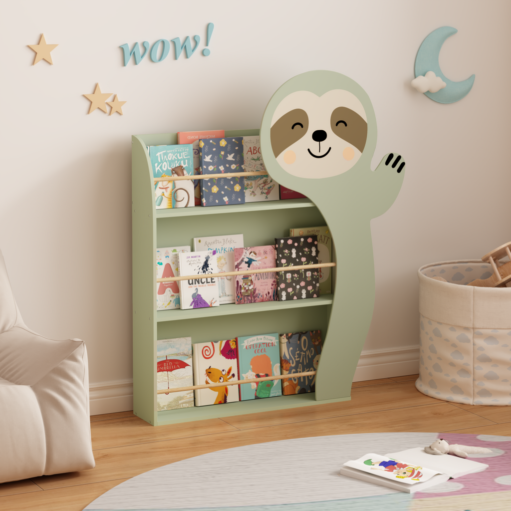 Sloth Kids Bookshelf, Front-Facing Toddler Book Display Rack with 3 Tiers, Cute Animal Design, Wooden Nursery Bookshelf for P