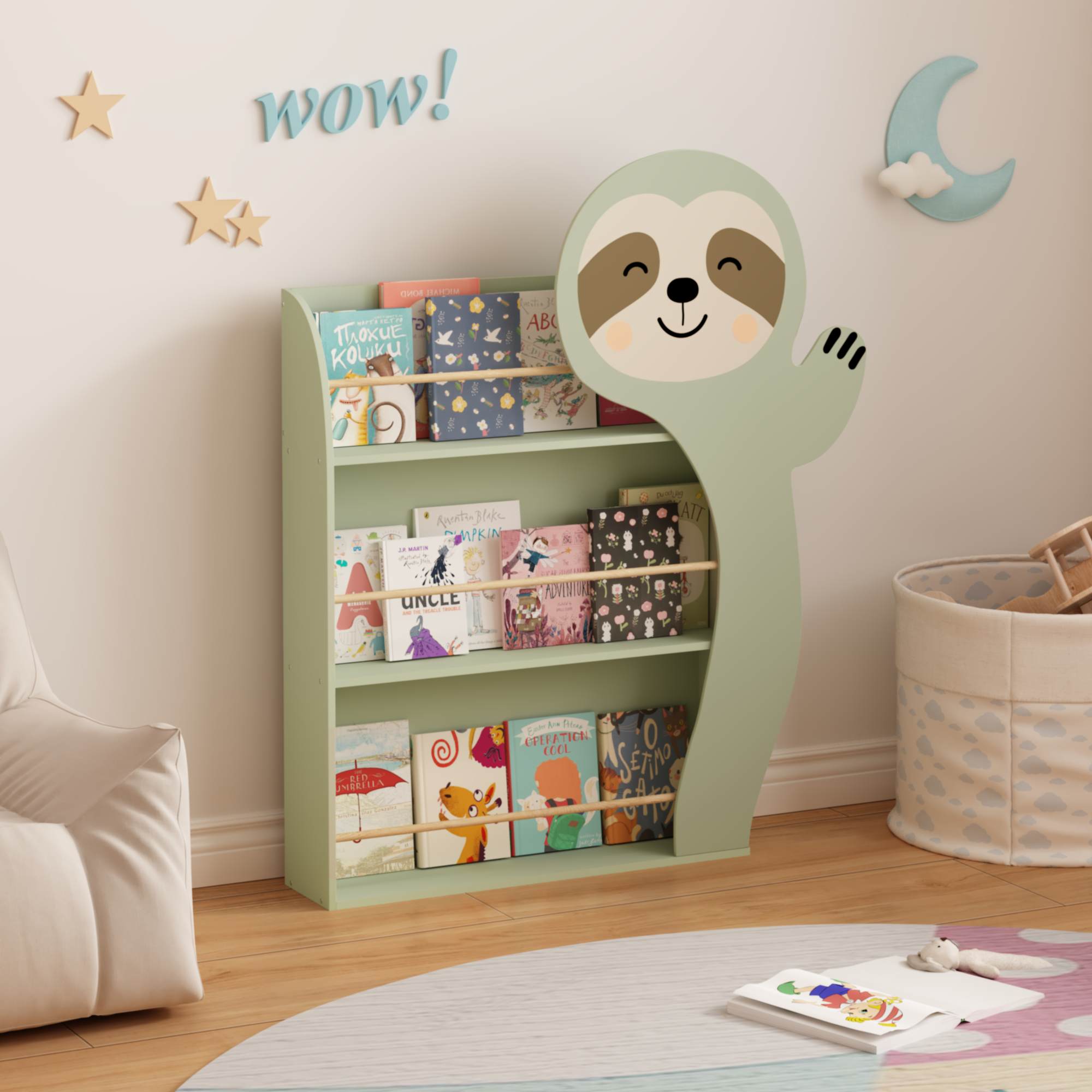 Sloth Kids Bookshelf, Front-Facing Toddler Book Display Rack with 3 Tiers, Cute Animal Design, Wooden Nursery Bookshelf for P