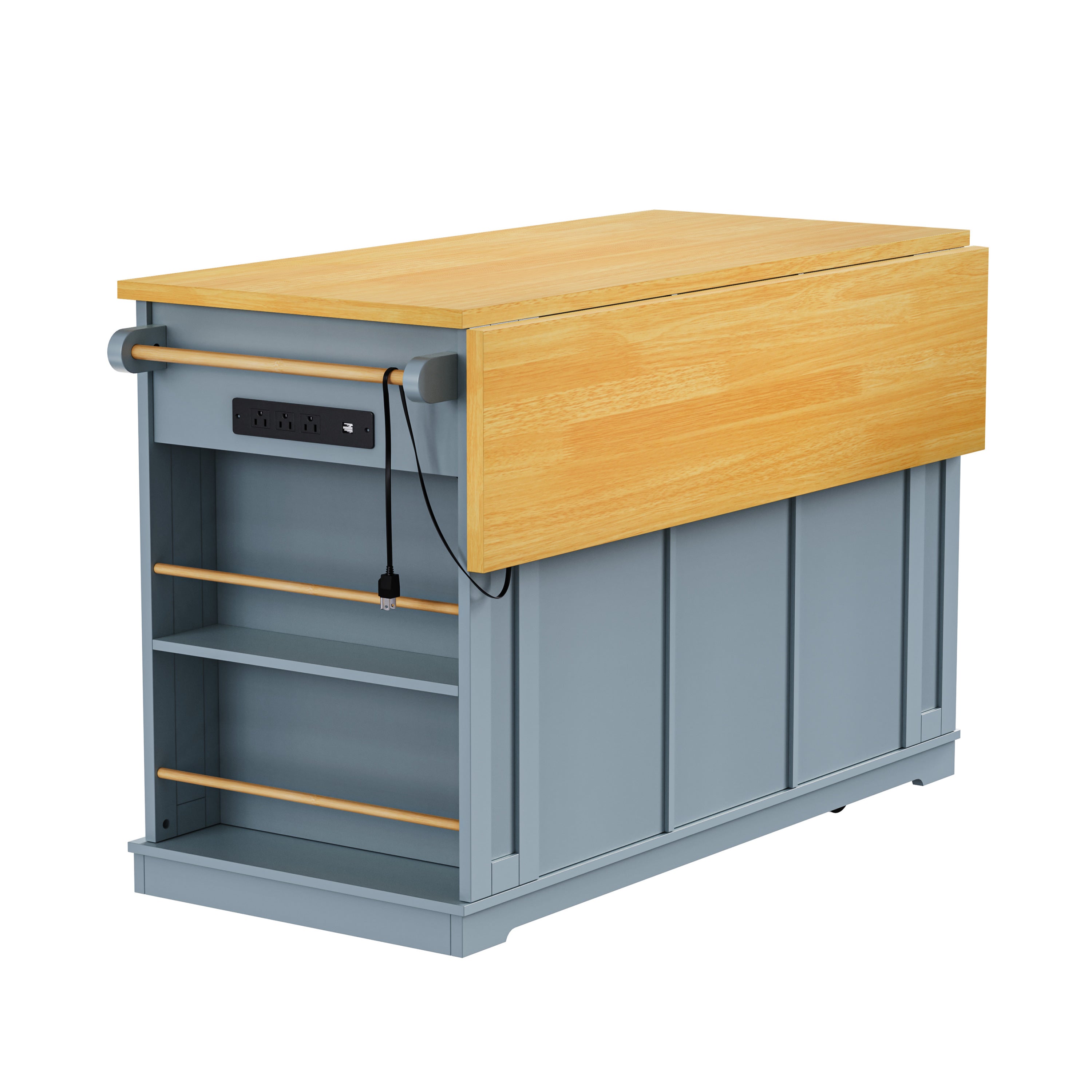 K&K 53inch Large Kitchen Island with 2 Bar Stools,Power Outlet,Door Internal Storage Rack,Kitchen Storage Cart on 5 Wheels with Drop Leaf,5 Open Side Racks,3 Drawers,Grey Blue (Three Packages) - Grand Goldman Shop