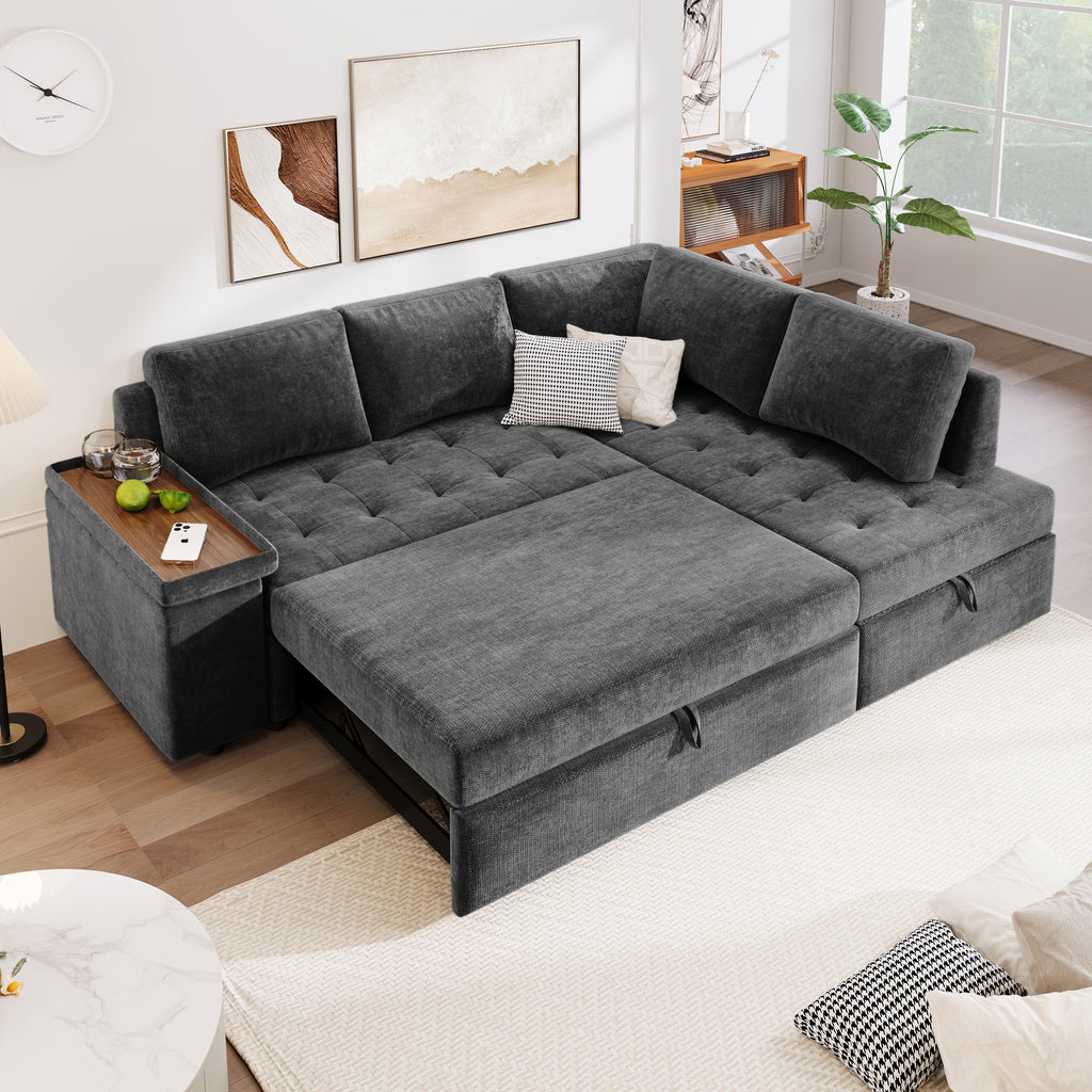 Mirod 91.5-Inch L Shaped Couch with Pull Out Bed and Storage Sectional Sleeper Sofa with Hidden Storage , Wide Armrest with storage,for Living Room, Apartment, Bedroom, Office - Grand Goldman Shop