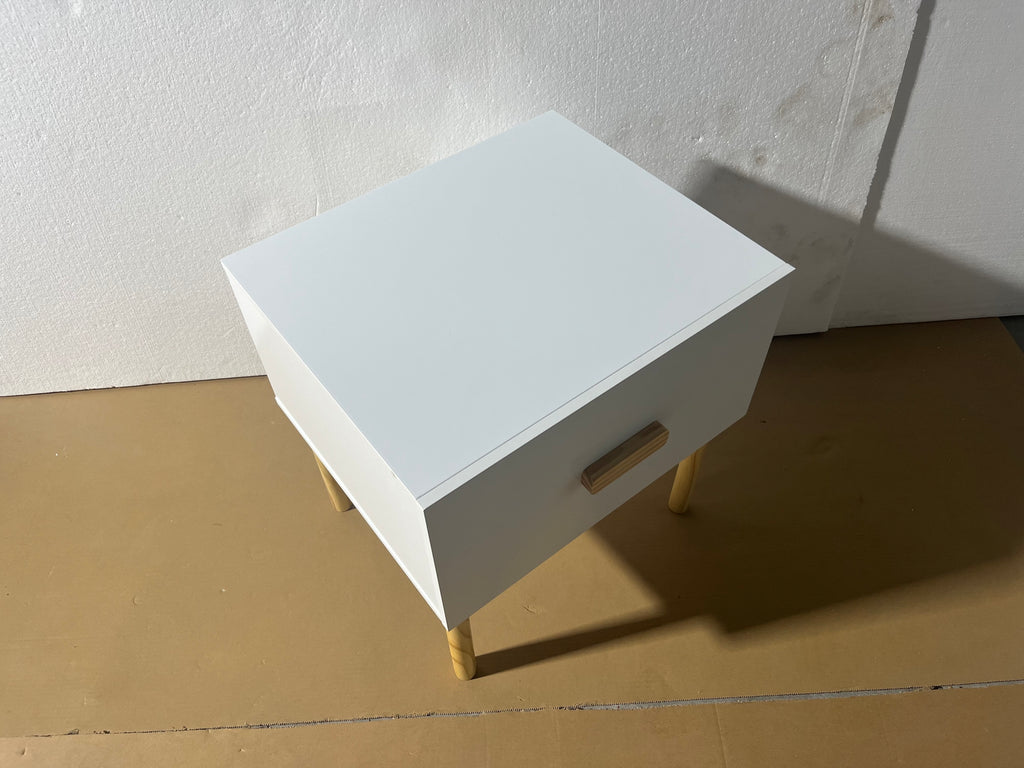 Modern White Nightstand with Drawer and Wood Legs, Minimalist Bedside Table with Handle for Bedroom, Living Room, Apartment - Grand Goldman Shop