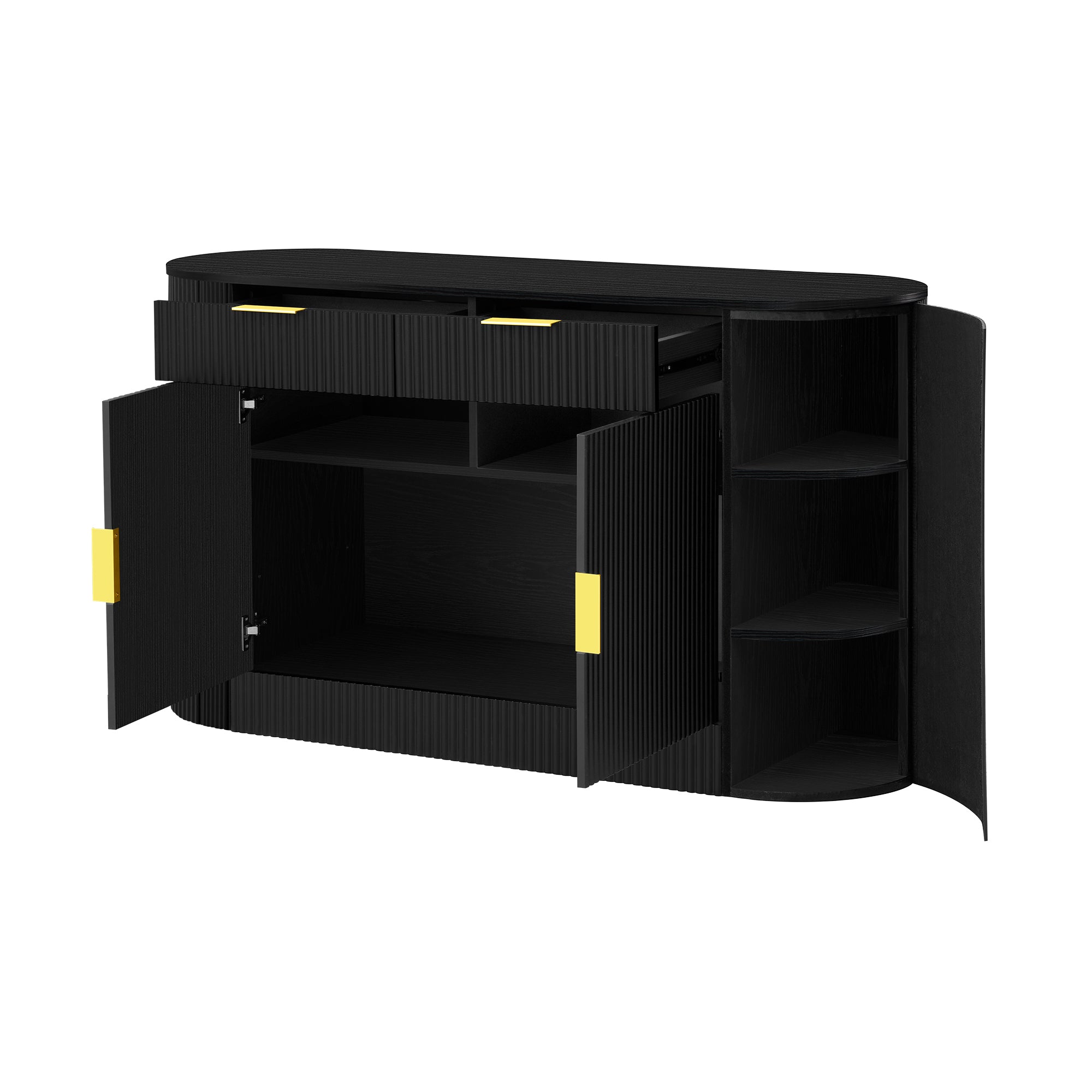 U_STYLE 55.1' Modern Storage Cabinet – 2 Doors & 2 Drawers, Stripe MDF Sideboard with Aluminum Handles, Curved Side Door & 3-Tier Shelves, Buffet Cabinet for Living Room, Bedroom, Dining Room - Grand Goldman Shop