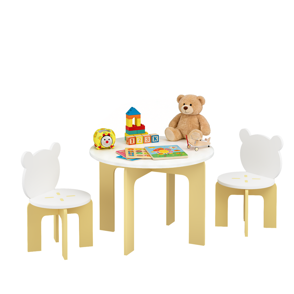 Kids Table and Chair Set, 3-Piece Toddler Table with 2 Chairs, Cute Bear-Back Chairs, Sturdy Wooden Activity Table Set for Ki