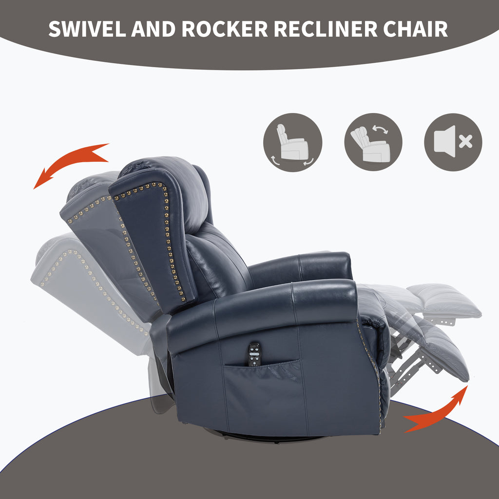 Heat Massage Manual Recliner Chair with Rocker and Swivel in Genuine leather for Living Room, Blue - Grand Goldman Shop