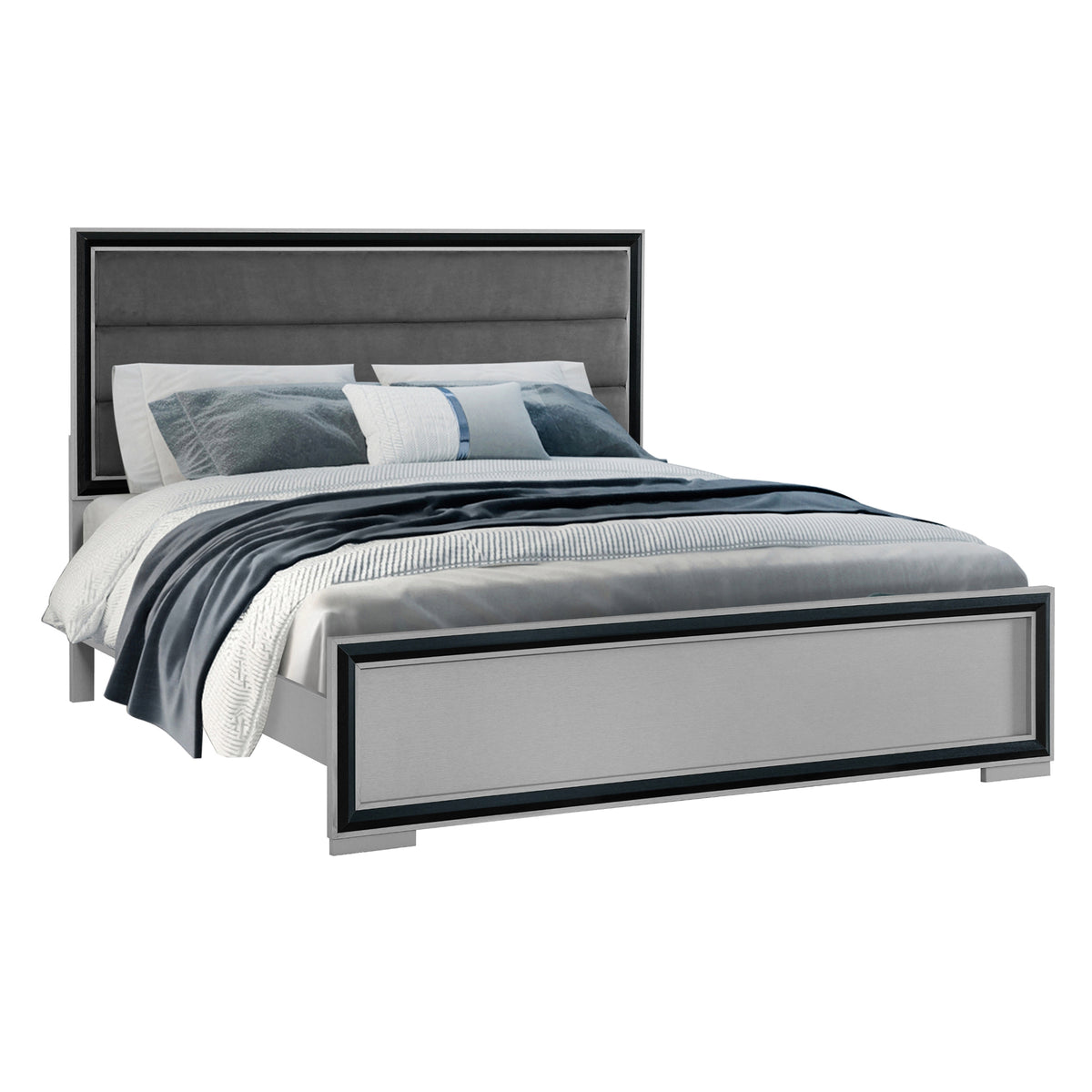 Adelaide Grey Black 5 Piece Queen Bedroom Set with Upholstered Headboard and LED Lighting - Grand Goldman Shop