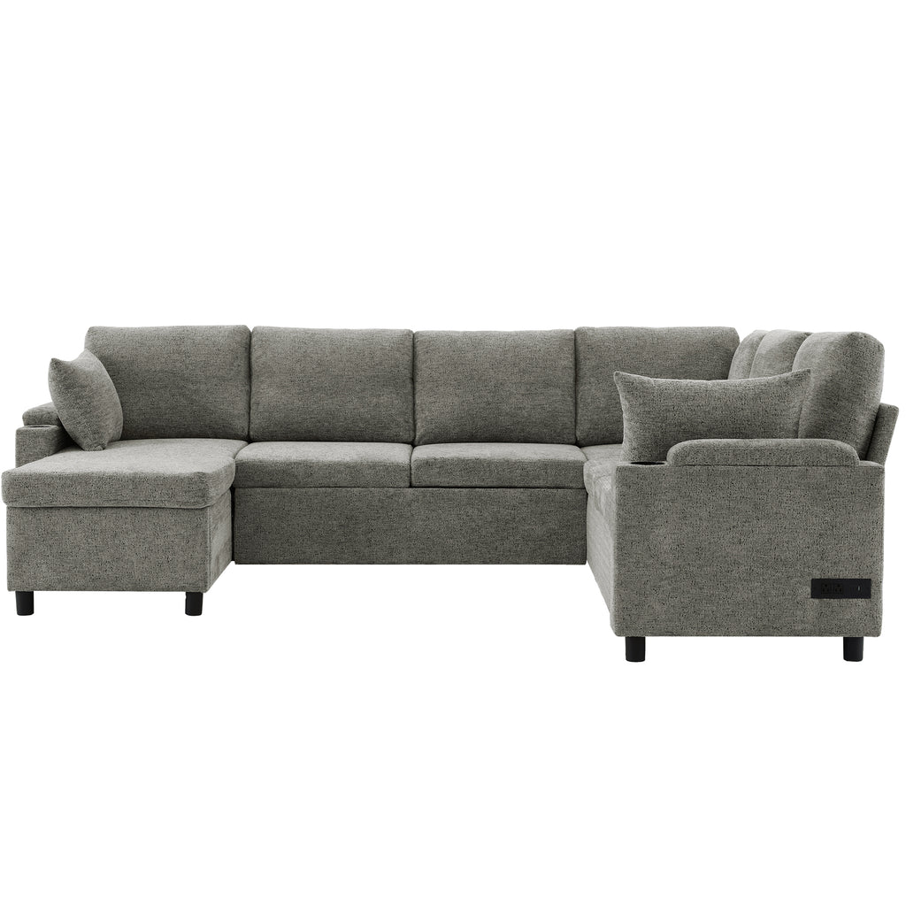 Versatile Light Grey Chenille Sectional Sofa Bed with Storage, Cup Holders & Charging Ports, 109.9' - Grand Goldman Shop