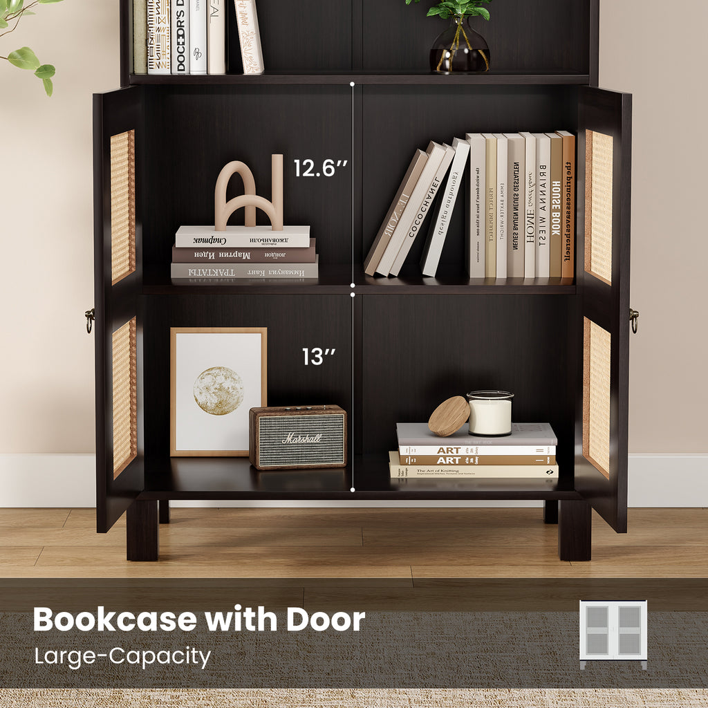 Tall Bookcase with Rattan Doors,5 Tier Storage Wood Shelves Large Bookshelf for Library Living Room Bedroom Home Office,Walnu