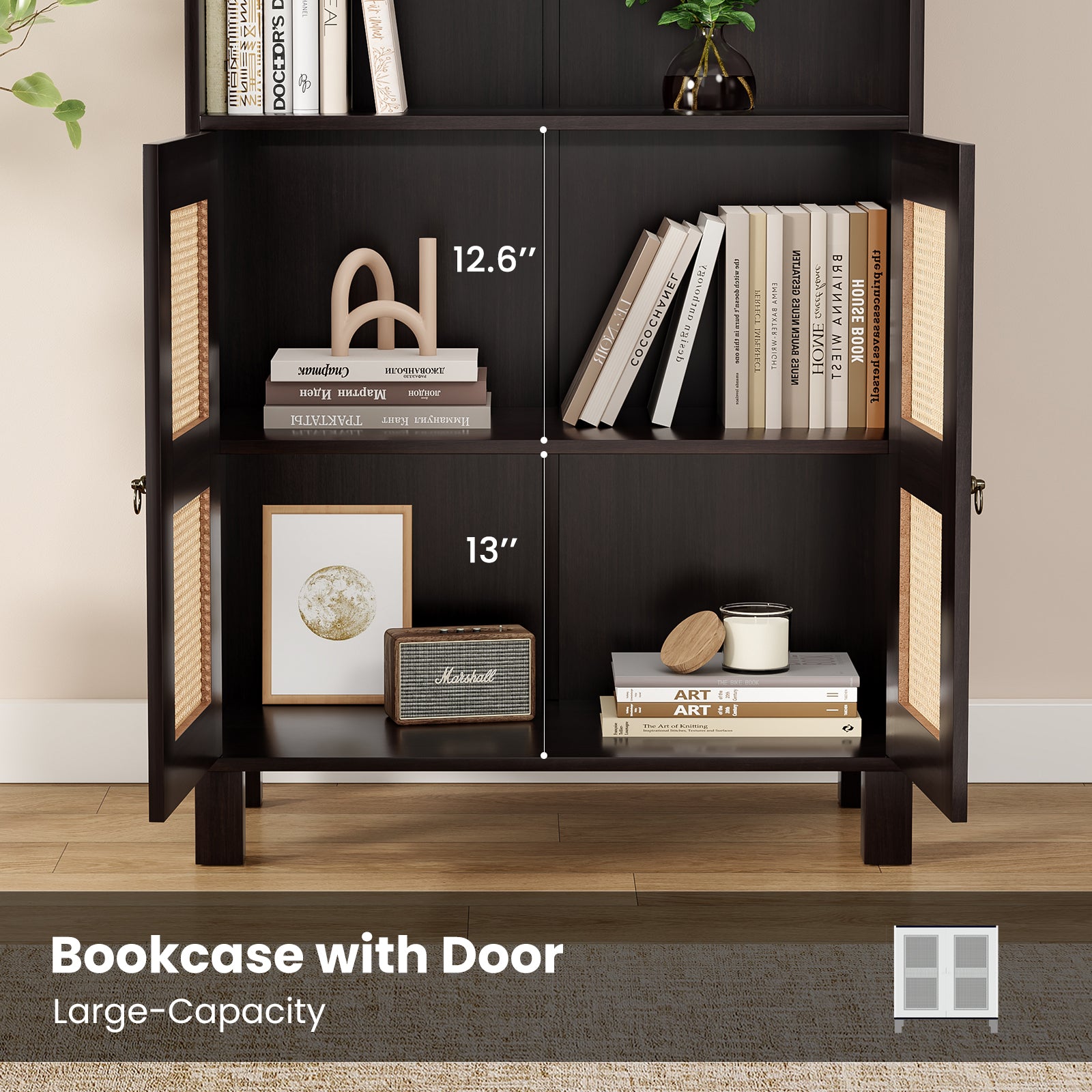 Tall Bookcase with Rattan Doors,5 Tier Storage Wood Shelves Large Bookshelf for Library Living Room Bedroom Home Office,Walnu