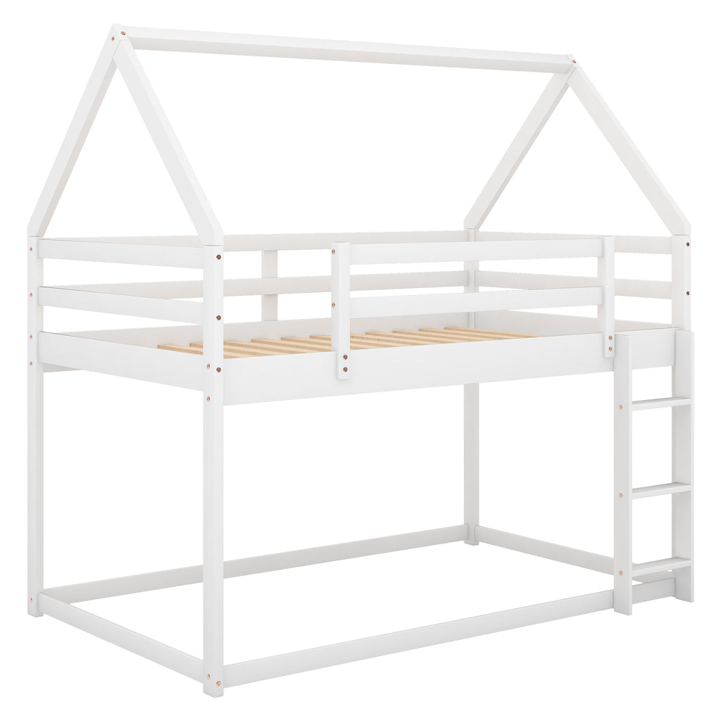 Twin over Twin Low Bunk Bed with Ladder, White - Grand Goldman Shop