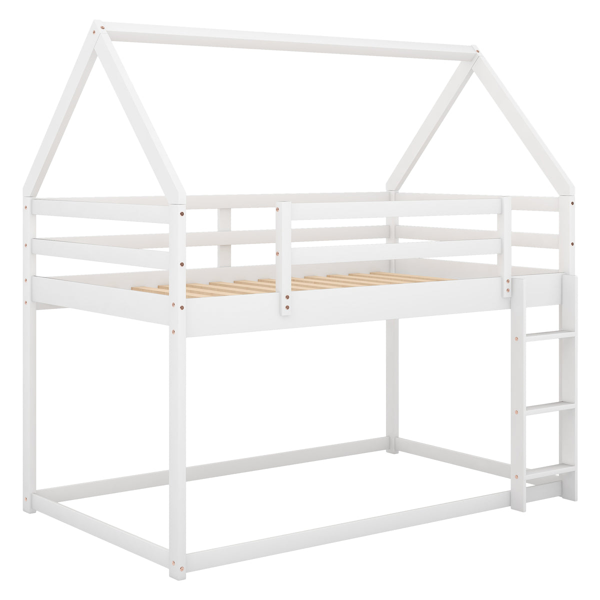 Twin over Twin Low Bunk Bed with Ladder, White - Grand Goldman Shop