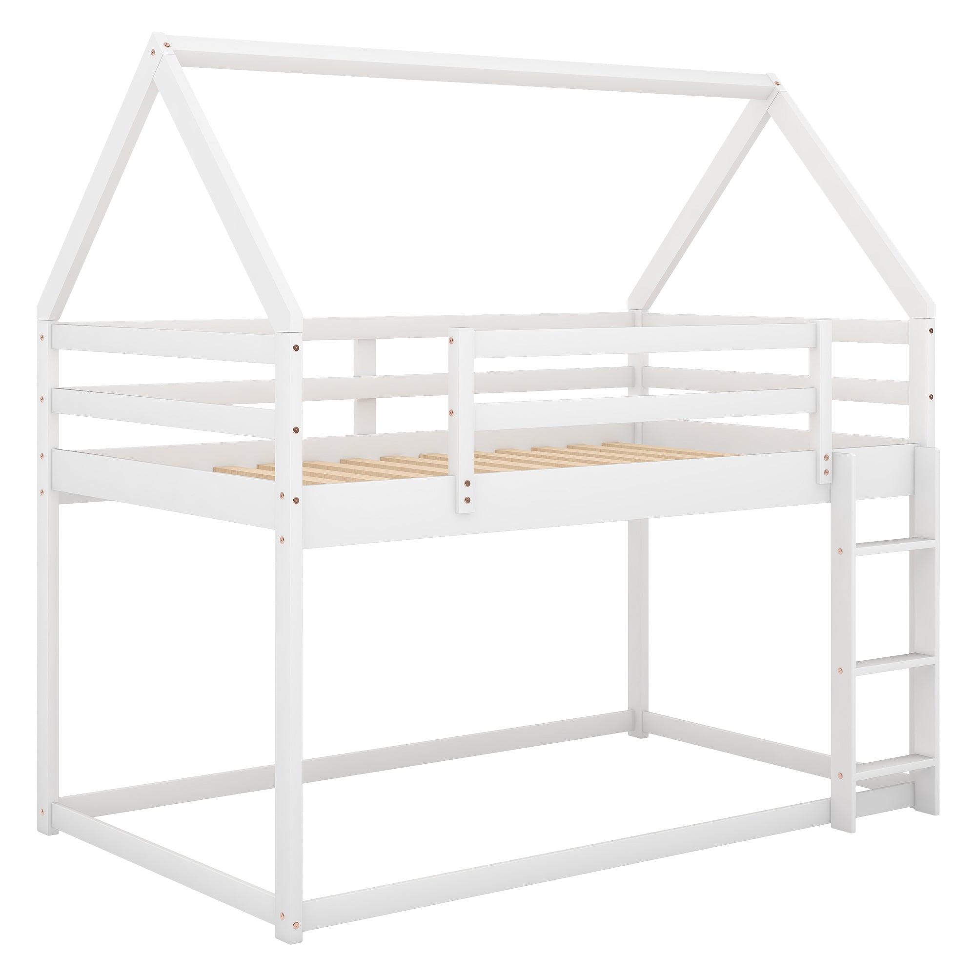 Twin over Twin Low Bunk Bed with Ladder, White - Grand Goldman Shop