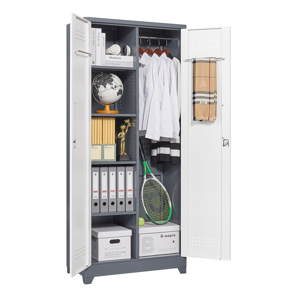Gray Metal Lockers with Locking Doors, Adjustable Shelves, High Broom Tool Storage Cabinet, 72-Inch Kitchen, Office, Shop Org