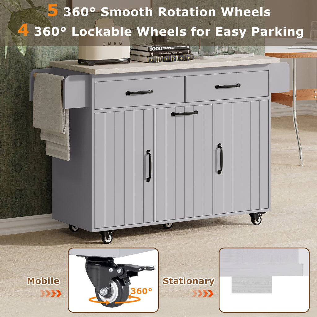 K&K Kitchen Island with Trash Can Storage Cabinet, Kitchen Cart with Drop Leaf, Spice Rack, Towel Rack and Drawer, Rolling Kitchen Island on Wheels with Adjustable Shelf, Grey - Grand Goldman Shop