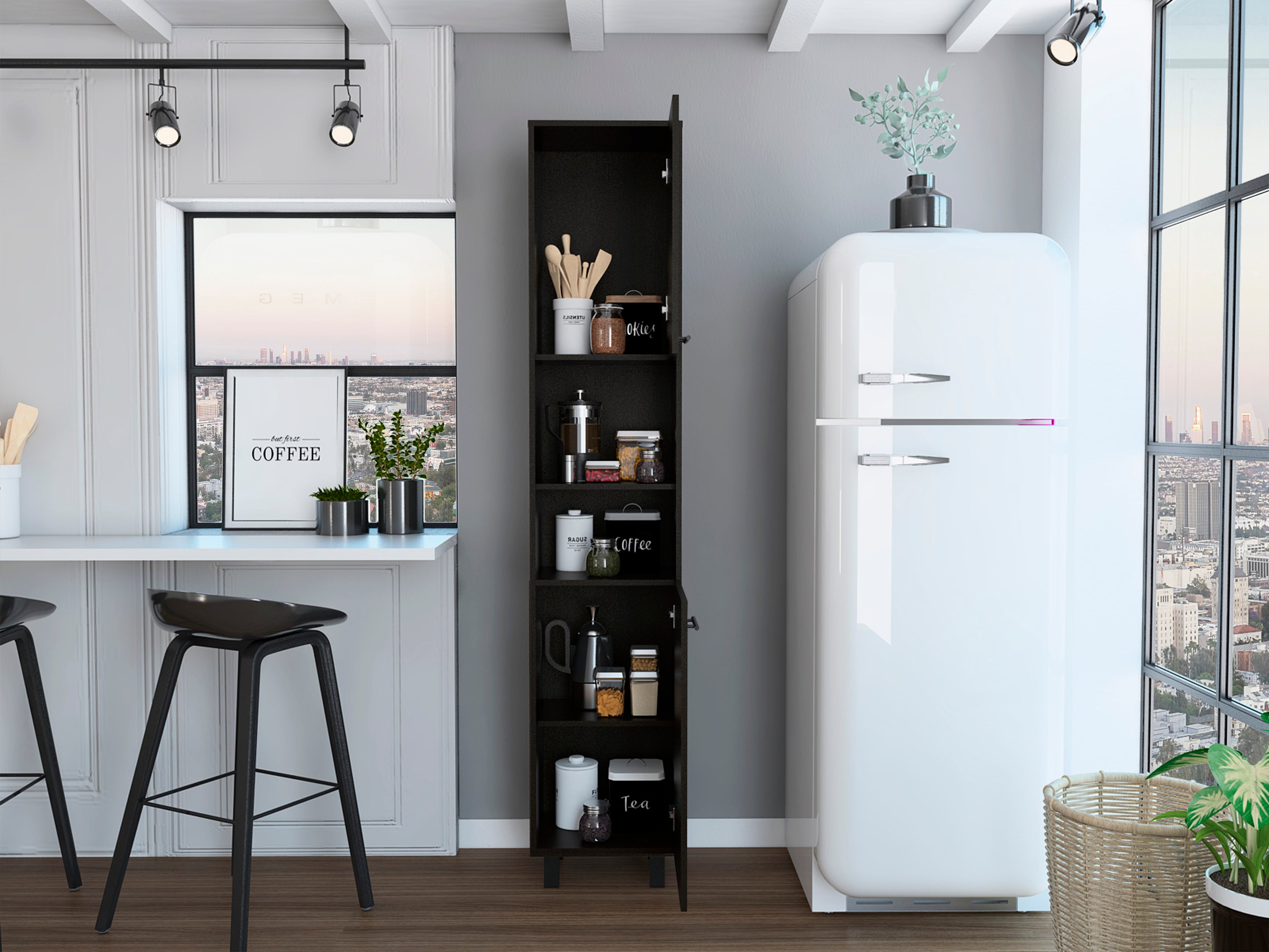 Hobart Pantry, Four Legs, Three Interior Shelves, Two Shelves, Two Cabinets -Black - Grand Goldman