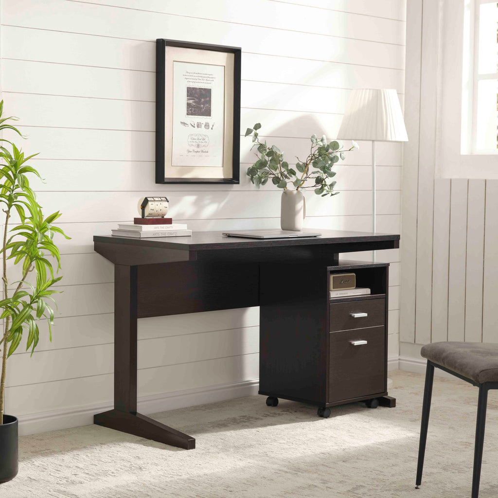 Home office desk with modesty panel and detached file cabinet on locking wheels with two drawers file drawer cubby shelf meta