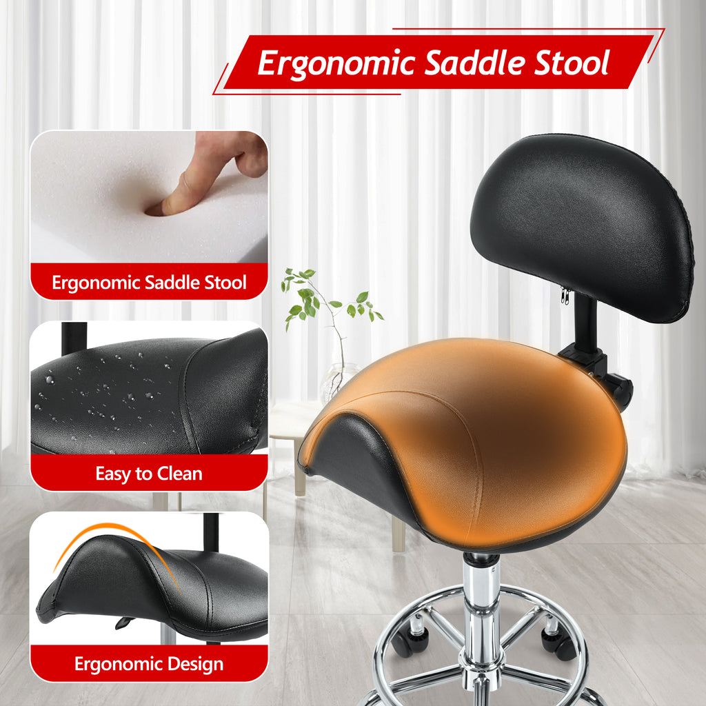 Saddle Stool with Back Support, Rolling Stools with Foot Rest, Ergonomic Adjustable Stool with Wheels, Backrest Adjustable Height & Angle for Salon Spa Tattoo Massage Swivel Stool Chair.(N753P243053B) - Grand Goldman Shop