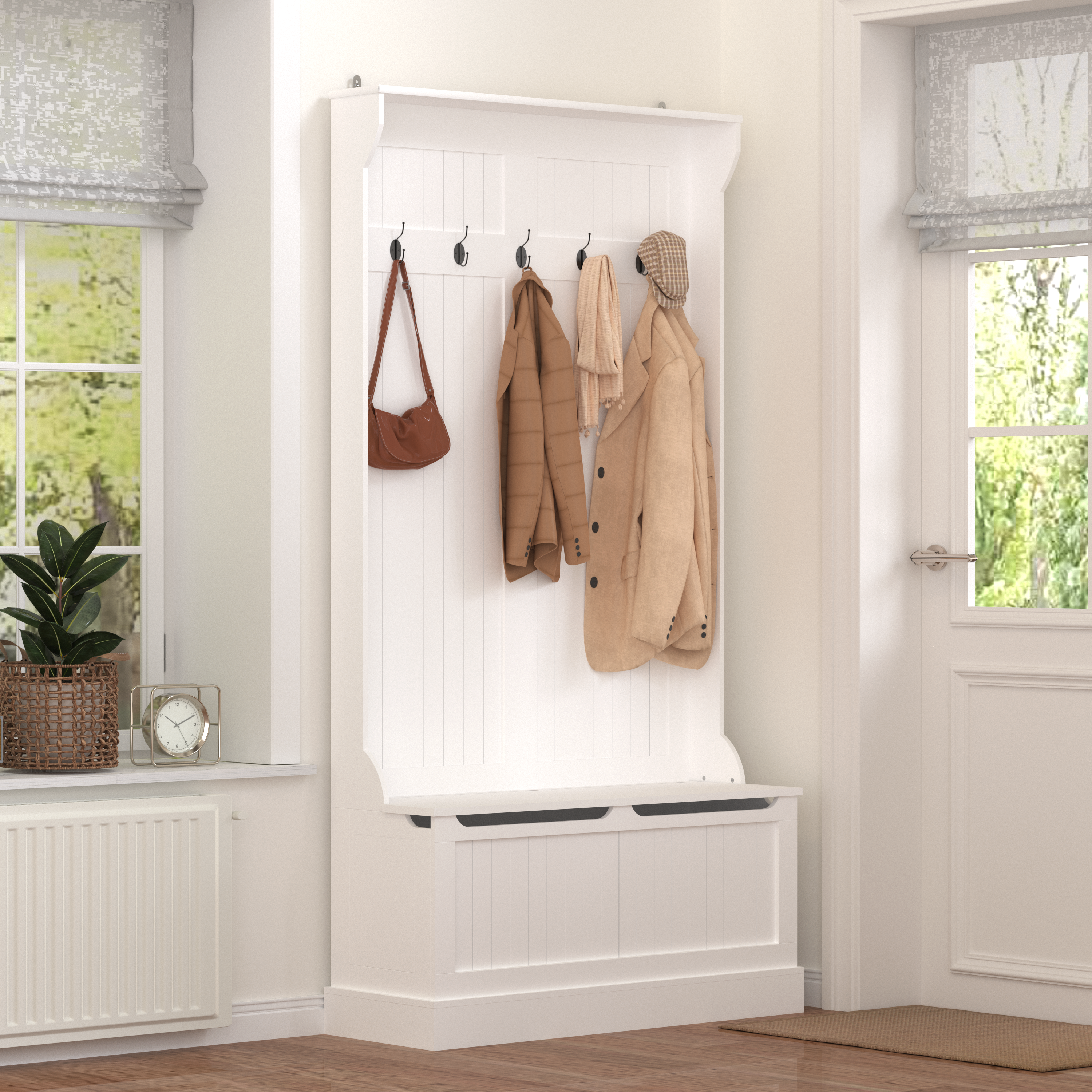 Entryway Bench with Standing Coat Rack, Hall Tree with Shoe Storage Bench, Entryway Organizer with 5 Hooks, White - Grand Goldman Shop