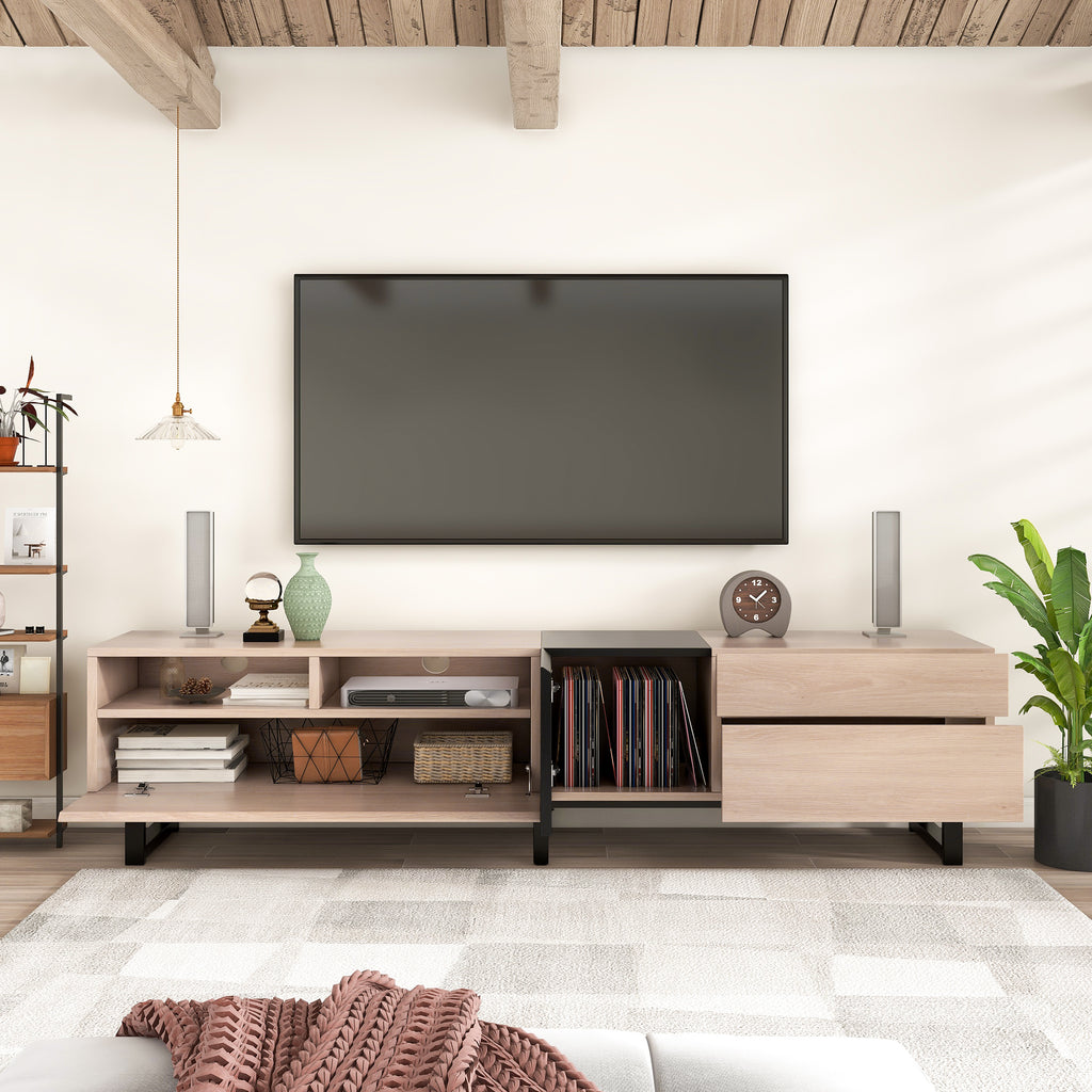 Modern TV Stand for 80'' TV with Double Storage Space, Media Console Table in Natural Wood Finish, Particle Board Construction, 70.9'' L x 15'' W x 19.7'' H - Grand Goldman Shop