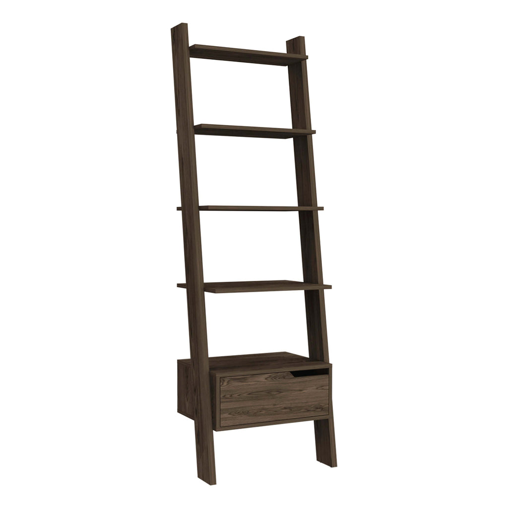 Ladder Bookcase, One Drawer, Five Open Shelves, Dark Walnut | Premium Home Decor - Grand Goldman