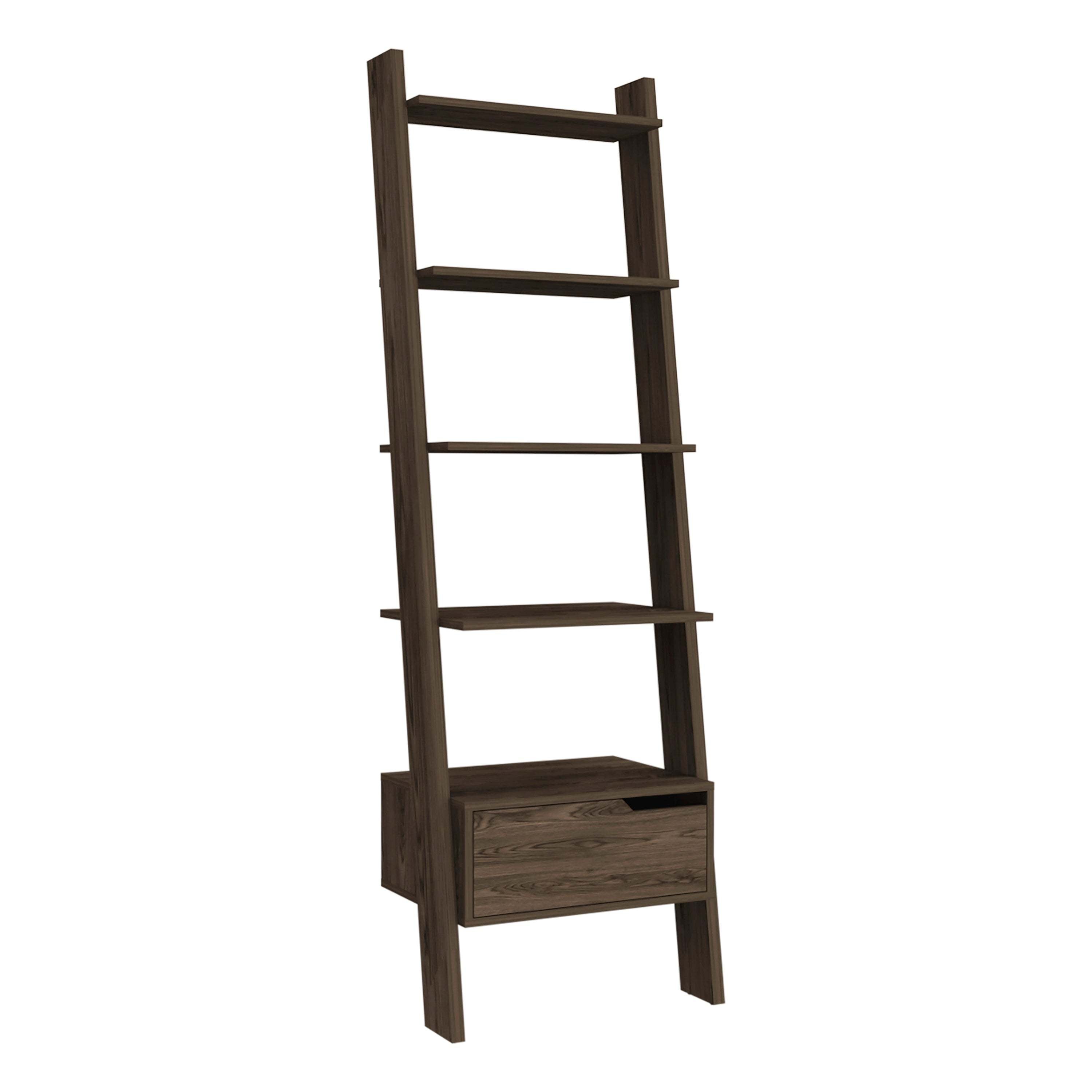 Ladder Bookcase, One Drawer, Five Open Shelves, Dark Walnut | Premium Home Decor - Grand Goldman