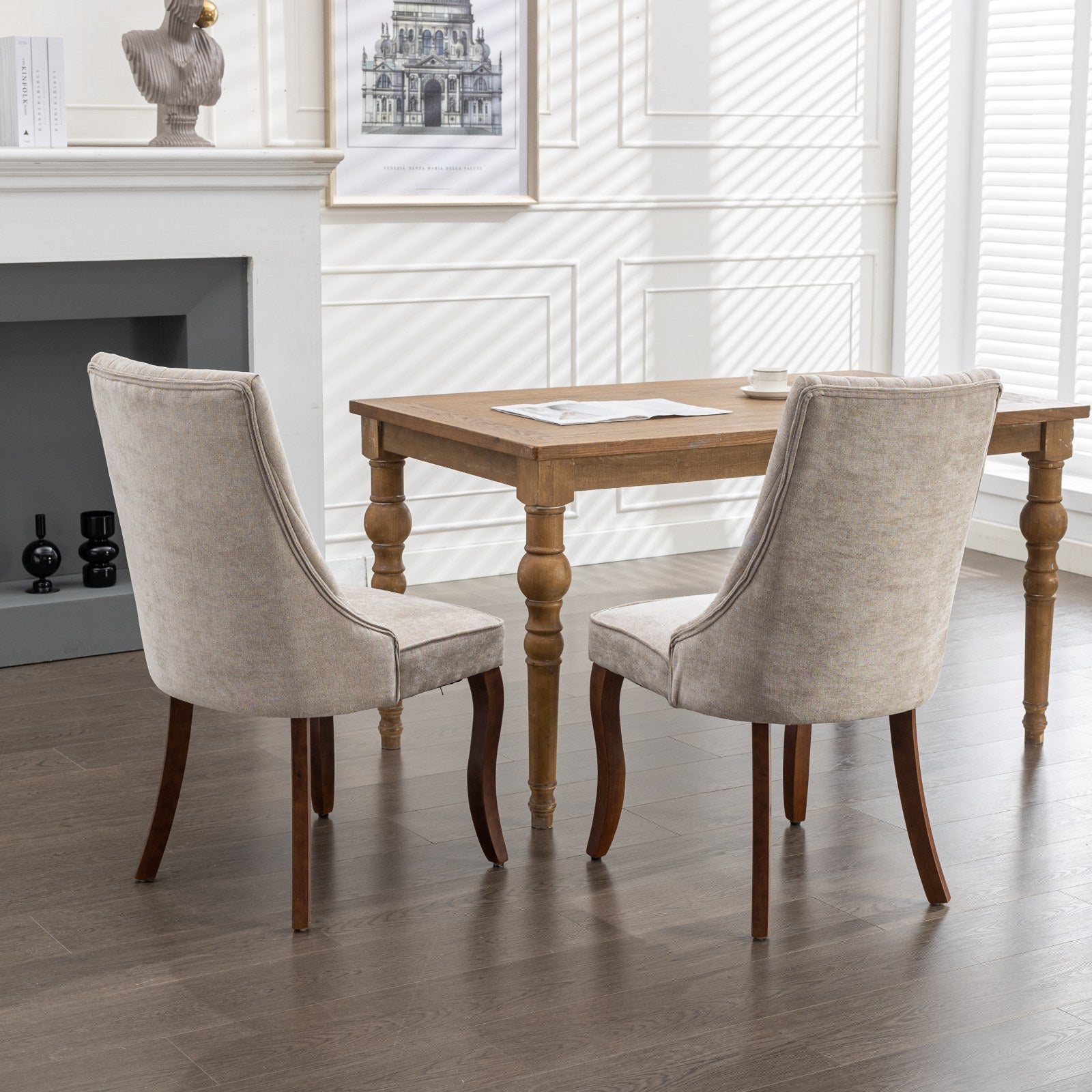 Rayon Cloth Flocking Linen Dining Chairs Channel Kitchen Dinner Chair Comfy Fabric Upholstered Accent Chair for Dining Room with Curved Solid Wood Legs,Set of 2 (Beige), SW1847BG - Grand Goldman Shop