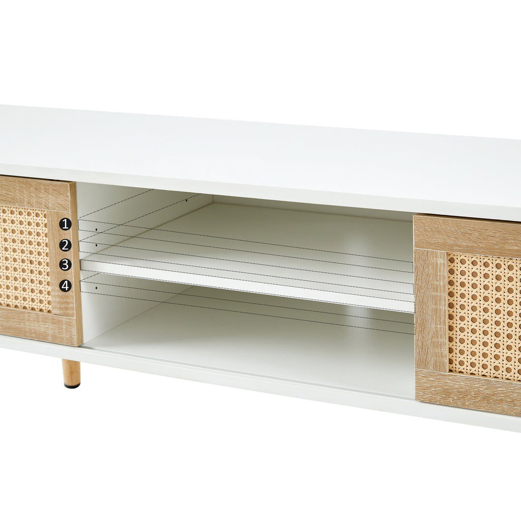 Modern Rattan TV Cabinet with Double Sliding Doors, Adjustable Shelf, Solid Wood Legs, White, 55.12 inches - Grand Goldman Shop