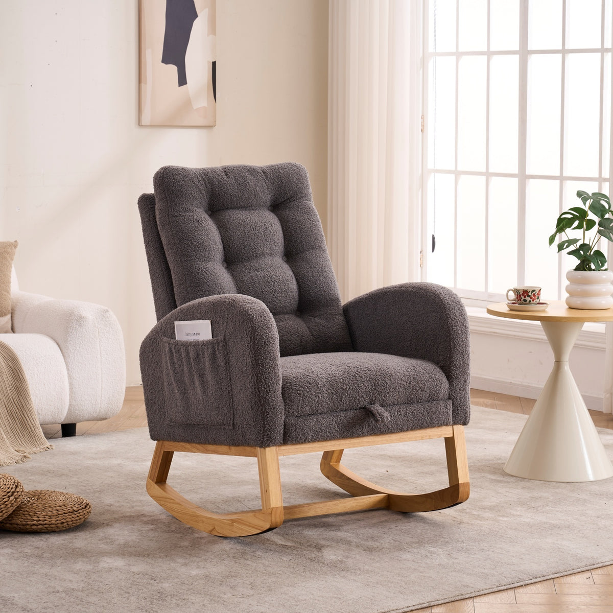 LY-5104 Dark Gray  Accent Rocking  Chair with  Footrest High Back Rubber Wood Rocking Legs Bedroom Living Space   26.77D X 38.36W X 39.76H Inch - Grand Goldman Shop