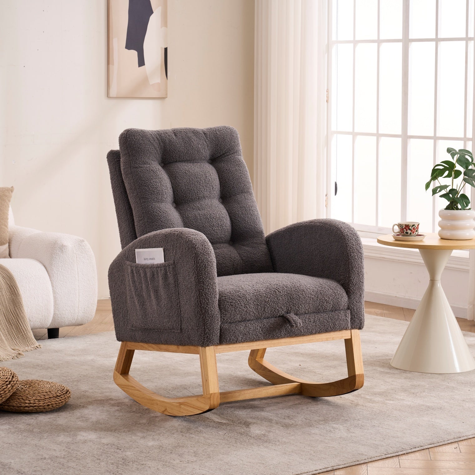 LY-5104 Dark Gray  Accent Rocking  Chair with  Footrest High Back Rubber Wood Rocking Legs Bedroom Living Space   26.77D X 38.36W X 39.76H Inch - Grand Goldman Shop