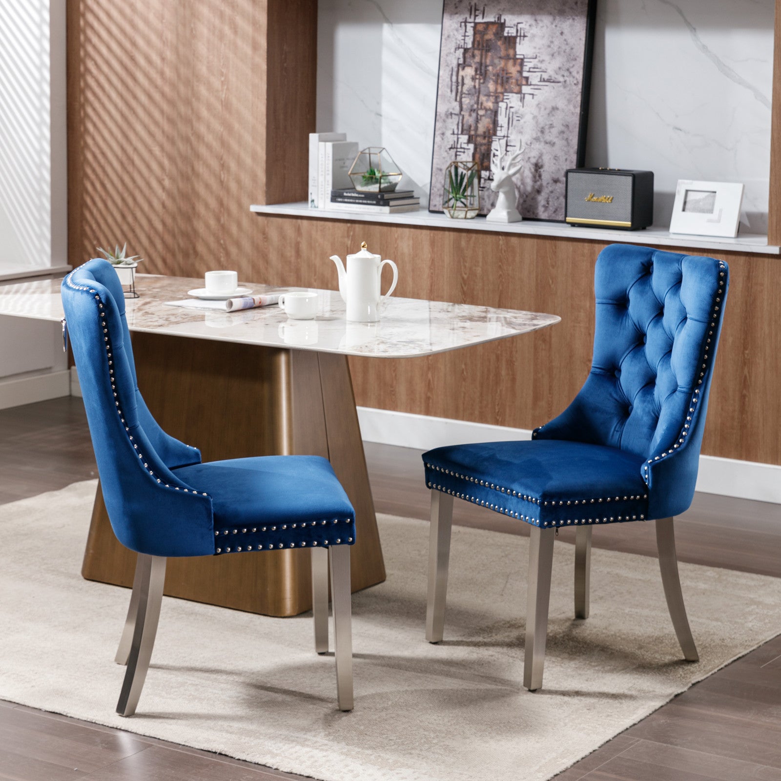 Nikki Collection Modern, High-end Tufted Solid Wood Contemporary Velvet Upholstered Dining Chair with Chrome Stainless Steel Plating Legs,Nailhead Trim,Set of 2,Blue and Chrome, SW1701BL - Grand Goldman Shop