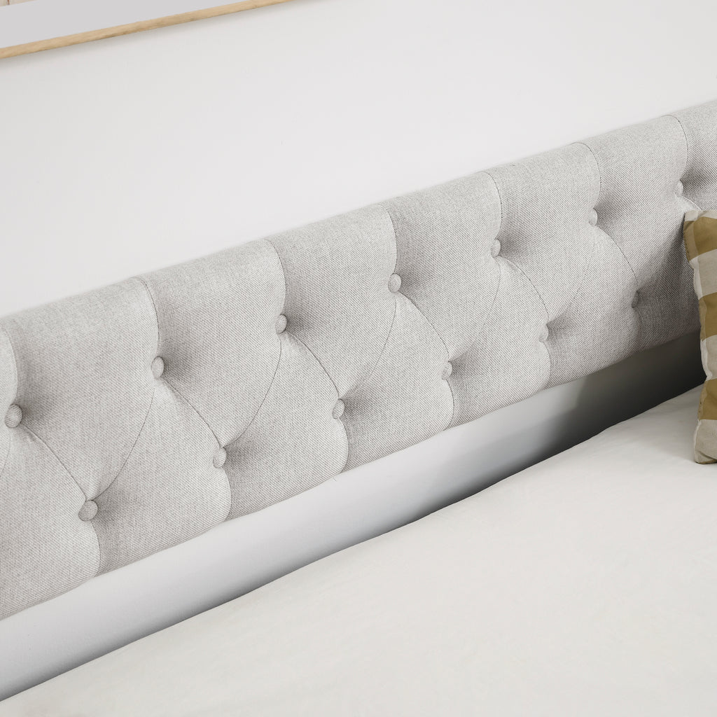 Beige Upholstered Tufted Twin Daybed with Trundle, Copper Nail-Trimmed Waved Arms, Eucalyptus Wood Frame, 80.5'x41'x30.5' - Grand Goldman Shop