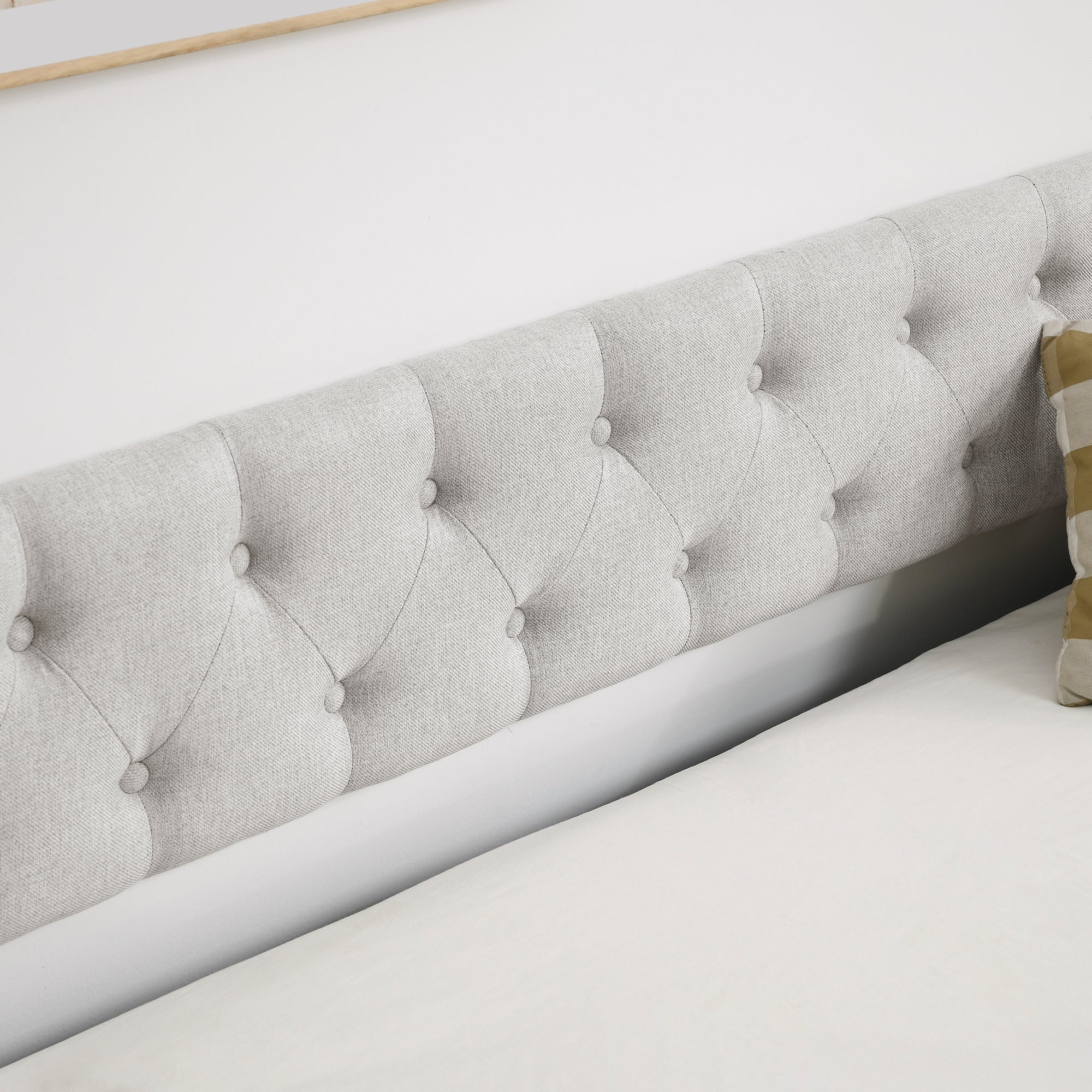 Beige Upholstered Tufted Twin Daybed with Trundle, Copper Nail-Trimmed Waved Arms, Eucalyptus Wood Frame, 80.5'x41'x30.5' - Grand Goldman Shop
