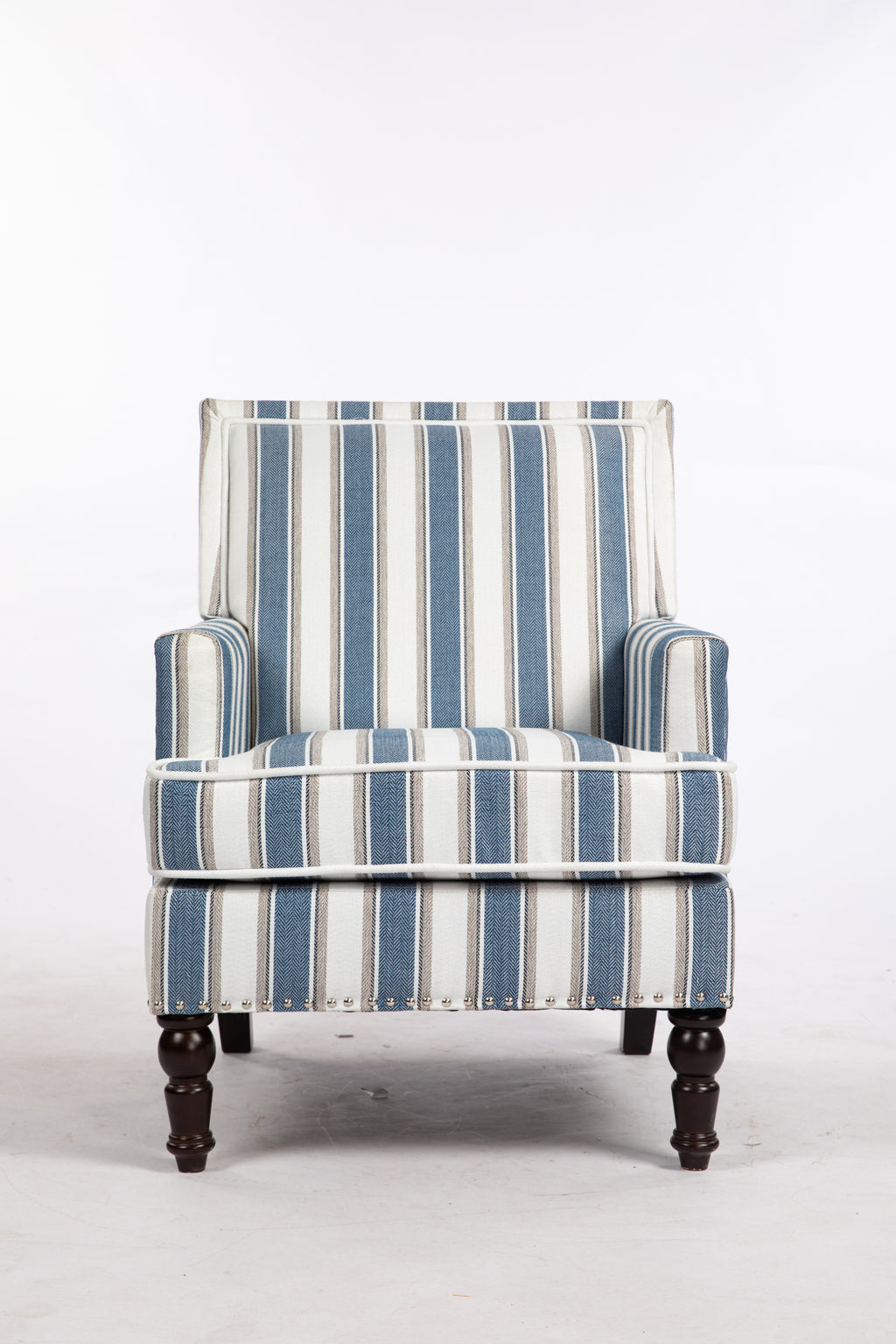 Upholstered Accent Chair, Vintage Armchair with Blue and White Striped Linen Fabric and Nailhead Trim for Living Room - Grand Goldman Shop