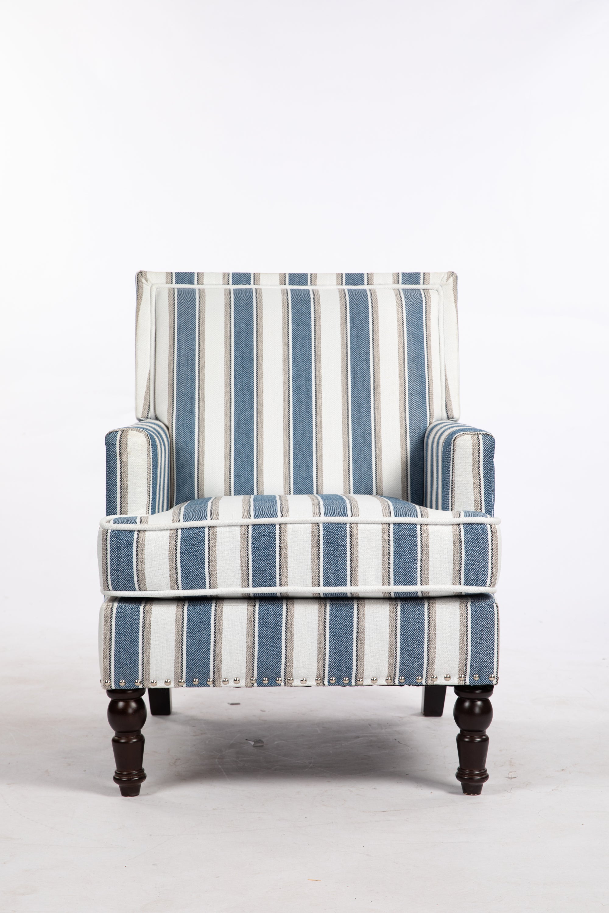 Upholstered Accent Chair, Vintage Armchair with Blue and White Striped Linen Fabric and Nailhead Trim for Living Room - Grand Goldman Shop