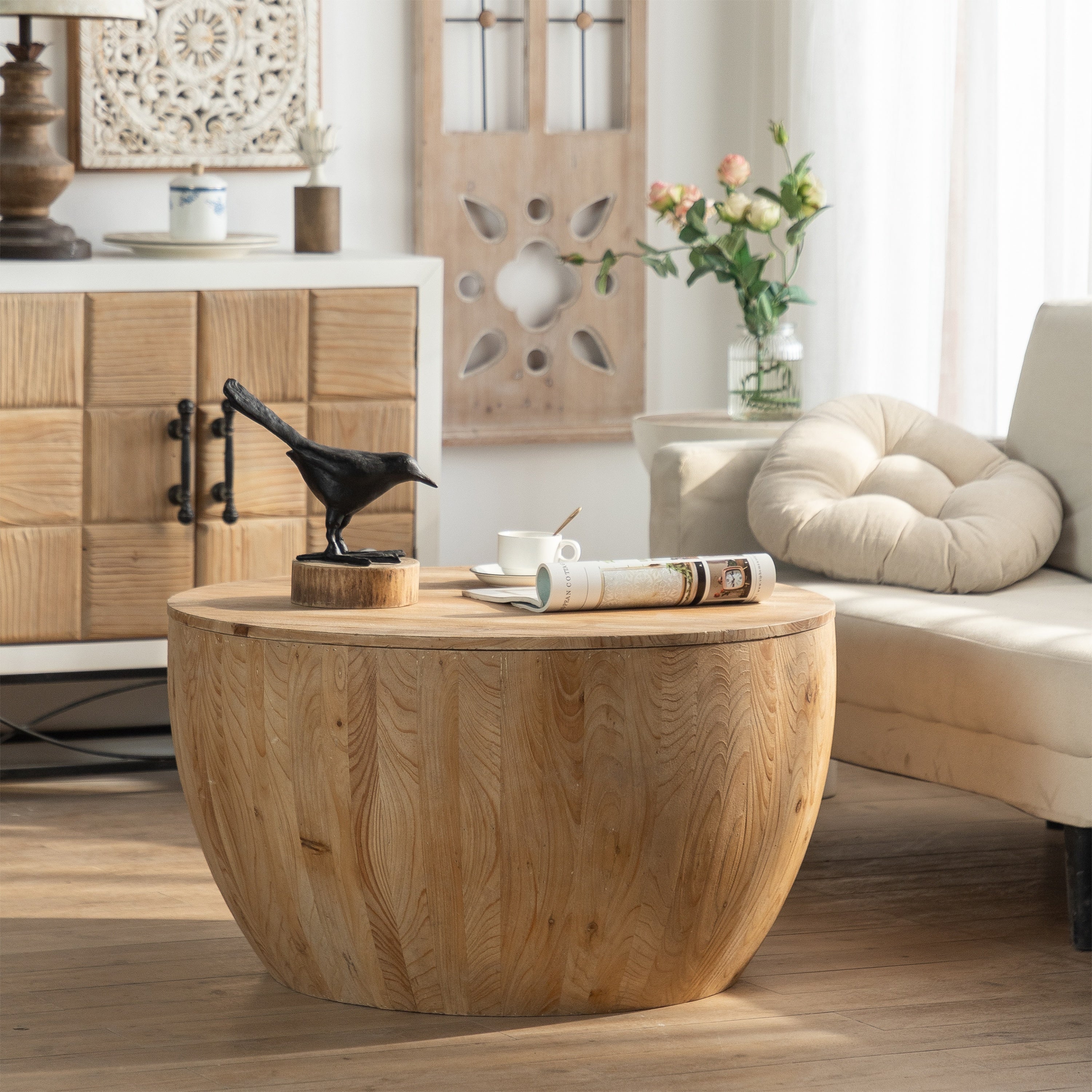 Vintage Style Barrel Coffee Table with Storage in Natural Finish, Solid Wood and MDF, 31.50' Diameter for Living Room, Dining Room, Office - Grand Goldman Shop