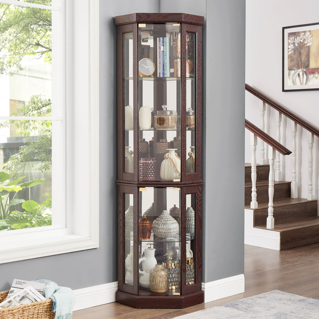 Corner Glass Cabinet Lighted Curio Cabinet Corner Display Case for Living Room, Curio Cabinet, Antique collection, Wine,Bar Glass Storage Light Included,Dark Cherry - Grand Goldman Shop