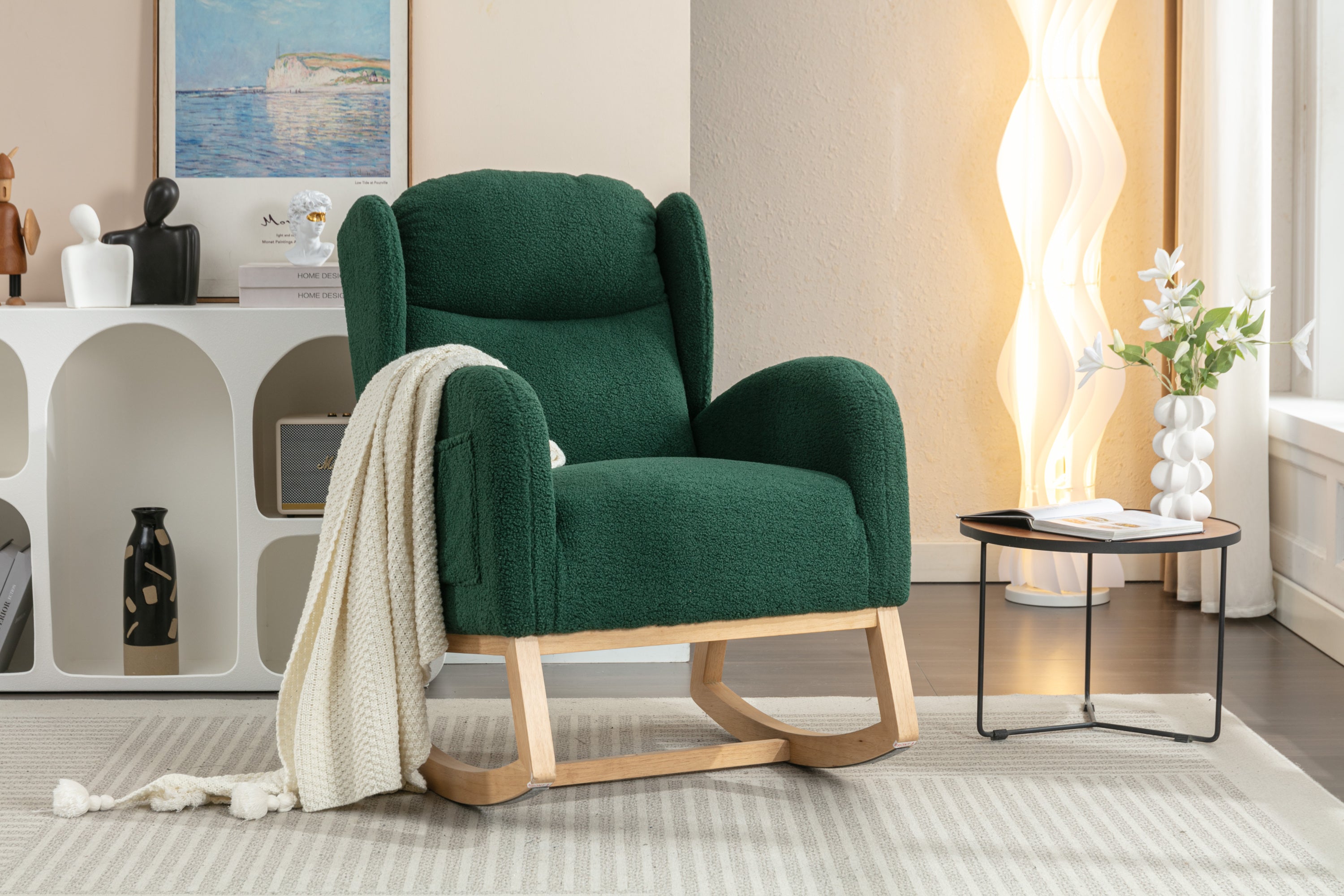 049-Teddy Fabric Rocking Chair With Packet Wood Legs,Green - Grand Goldman Shop