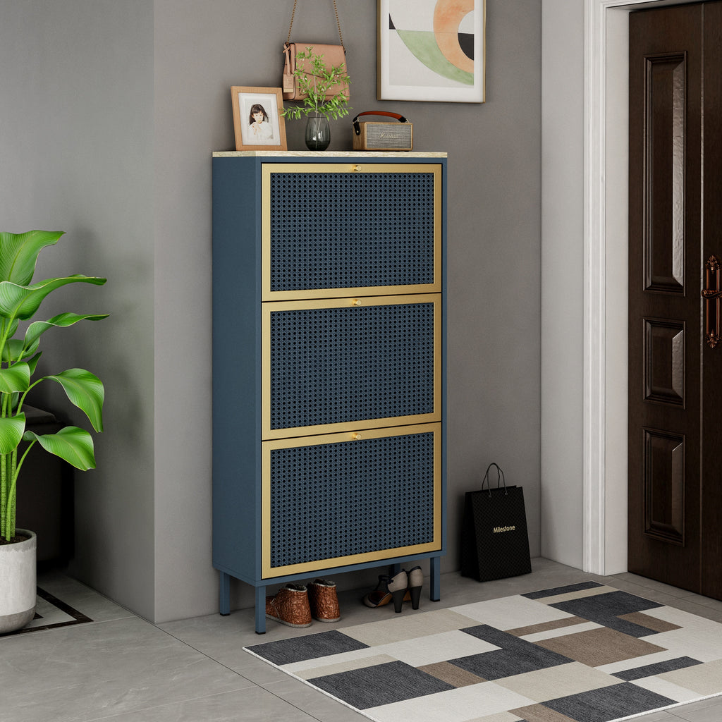 3-Door Metal Shoe Rack, Freestanding Modern Shoe Storage Cabinet with Metal Rattan - Blue-Gray Particle Board - For Entryway - Grand Goldman Shop