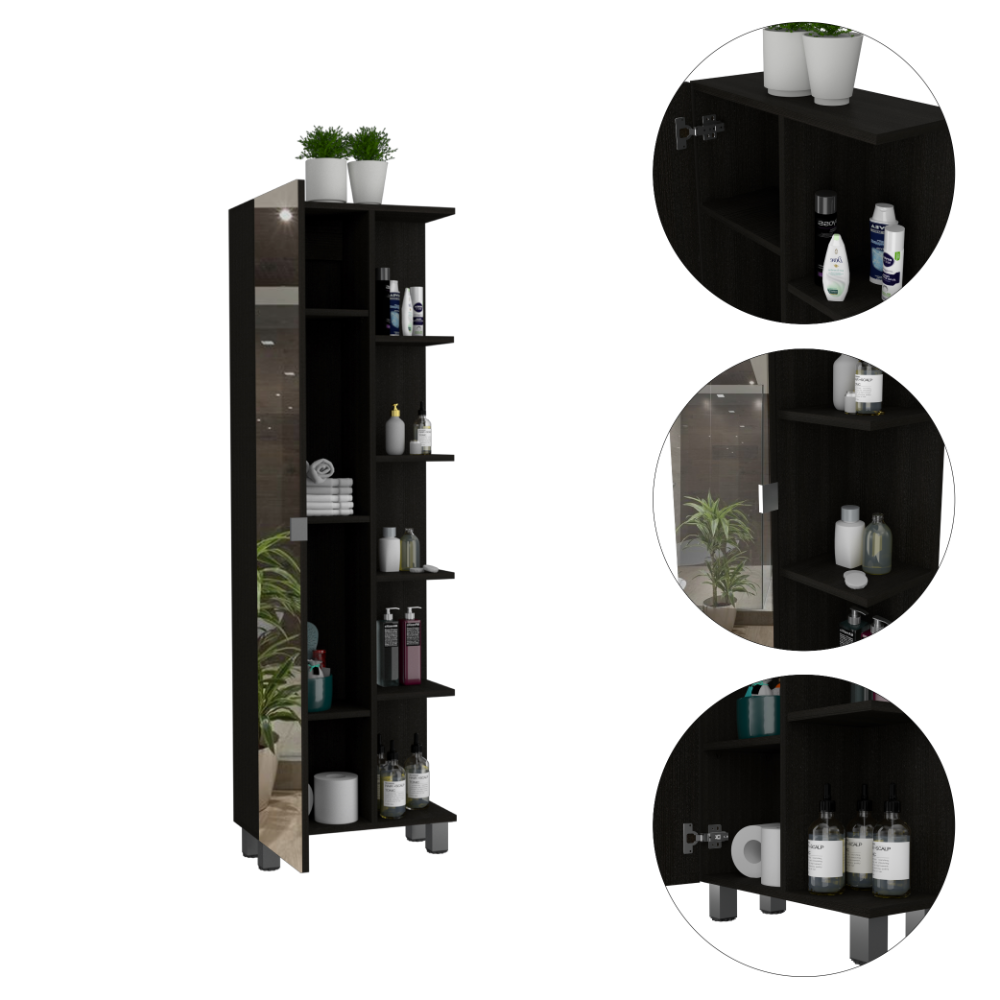 Urano Mirror Linen Cabinet, Four Interior  Shelves, Five External Shelves -Black - Grand Goldman