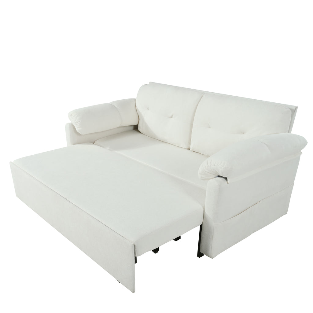 Convertible Pull-Out Queen Sleeper Sofa, 3-in-1 Loveseat with Side Storage & 8 Silent Casters, Beige Chenille Fabric, Fits Living Room, Bedroom, Apartment - Grand Goldman Shop