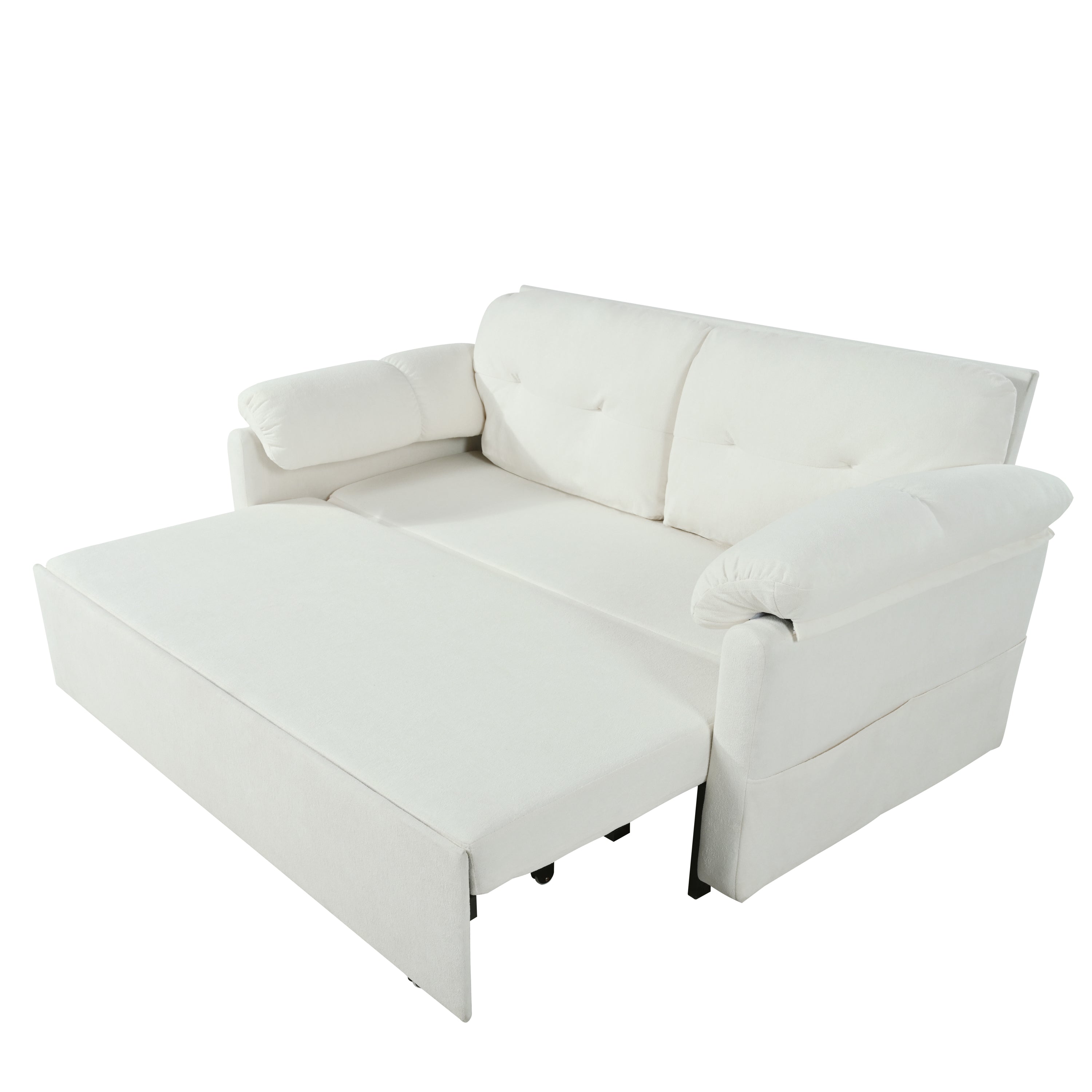 Convertible Pull-Out Queen Sleeper Sofa, 3-in-1 Loveseat with Side Storage & 8 Silent Casters, Beige Chenille Fabric, Fits Living Room, Bedroom, Apartment - Grand Goldman Shop