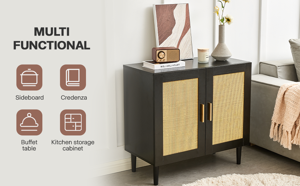 Side panel buffet cabinet with natural rattan door, rattan storage cabinet with adjustable shelves, side panel and buffet with storage space, modern console cabinet in bedroom and living room - Grand Goldman Shop