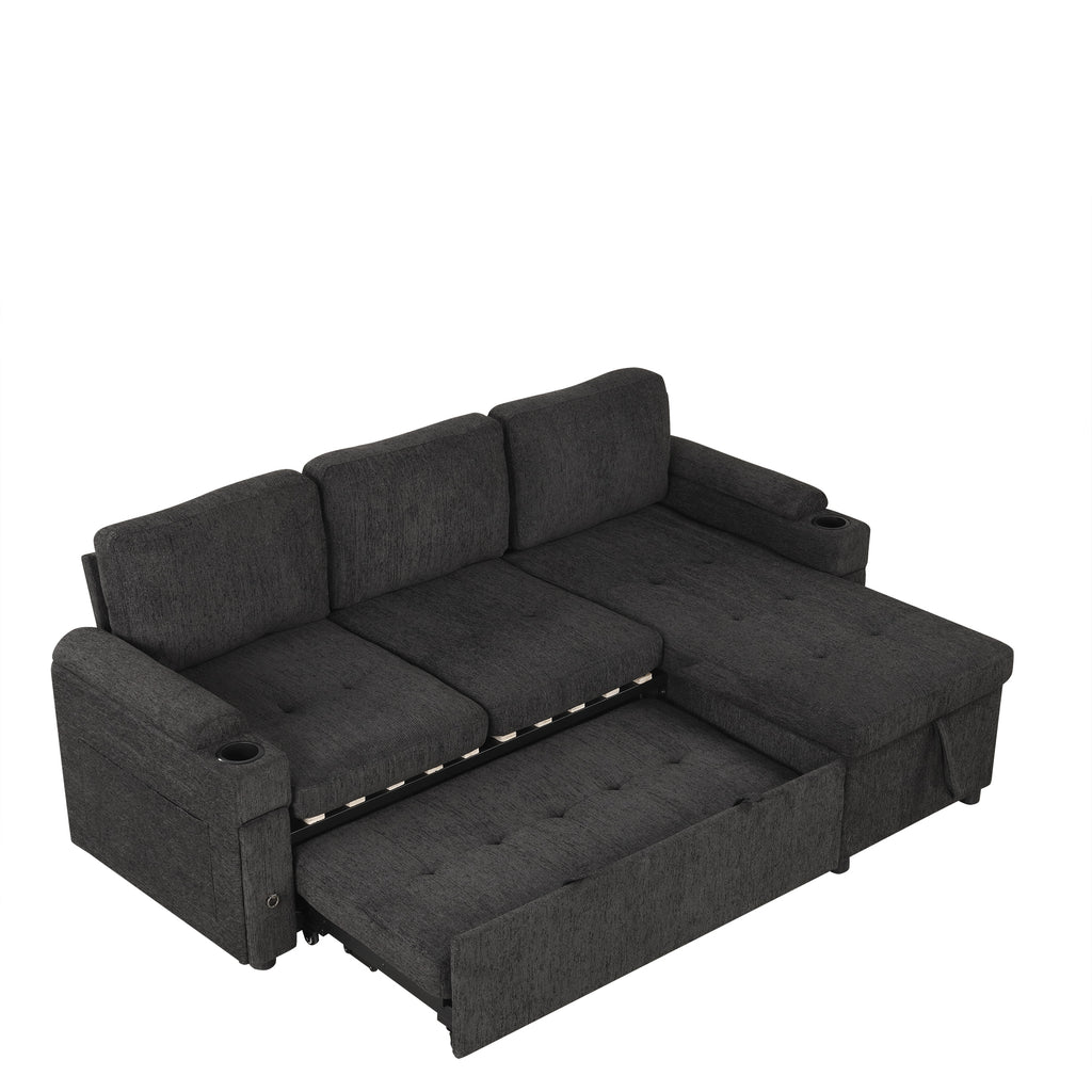 Black Convertible L-shaped Sofa Couch with Storage, Cup Holders, USB Ports, Chenille Fabric, 83.5' - Grand Goldman Shop