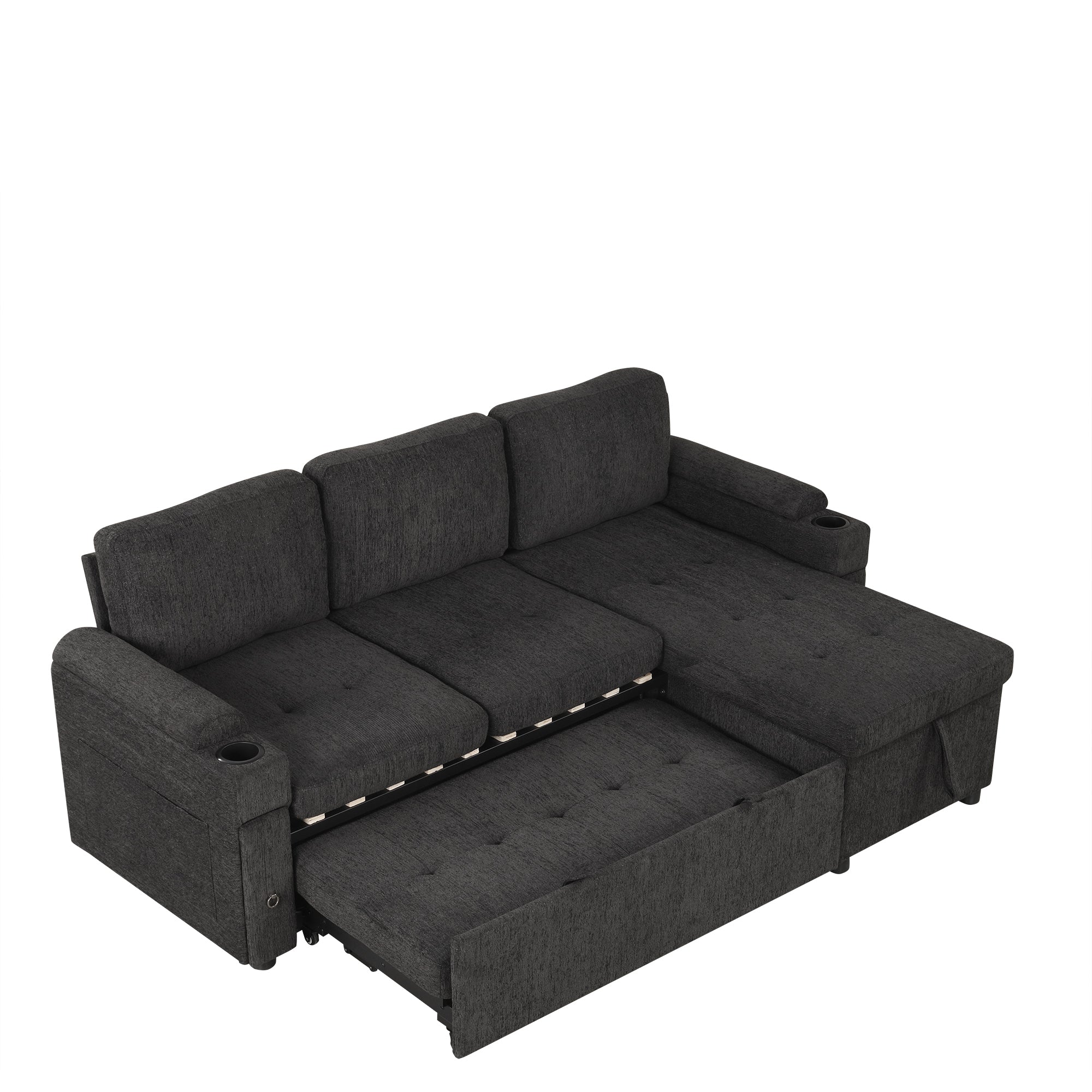 Black Convertible L-shaped Sofa Couch with Storage, Cup Holders, USB Ports, Chenille Fabric, 83.5' - Grand Goldman Shop