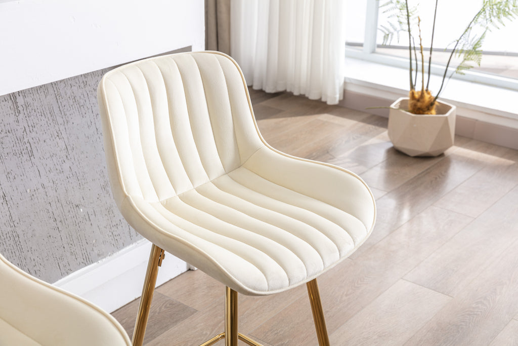 26 Inch Set of 2 Bar Stools,with Chrome Footrest Velvet Fabric Counter Stool Golden Leg Simple Bar Stool,CREAM - Grand Goldman Shop