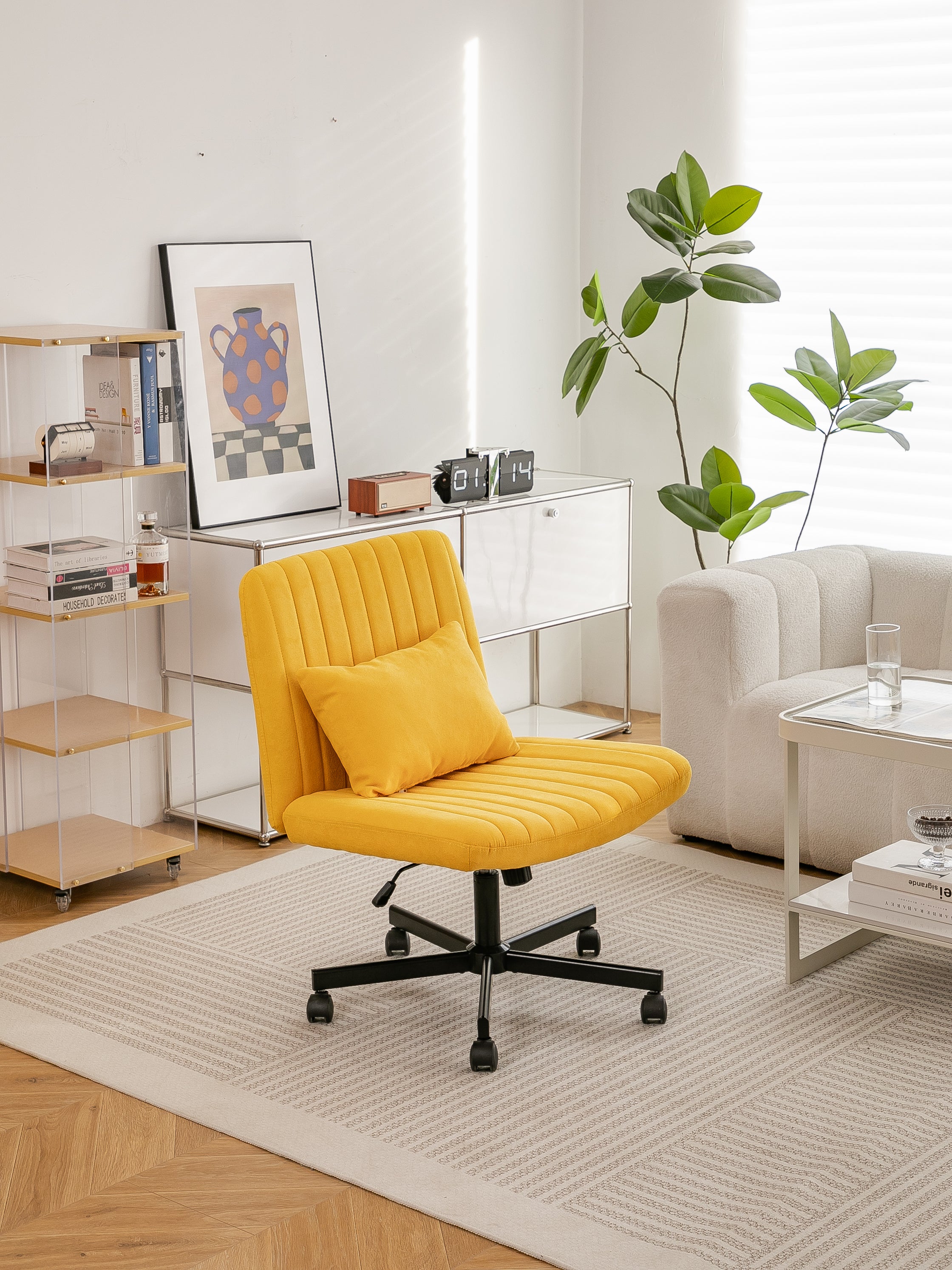 Yellow Linen Criss Cross Armless Office Chair with Wheels - Modern Comfort for Home Office, Meditation & Makeup Spaces - Gran