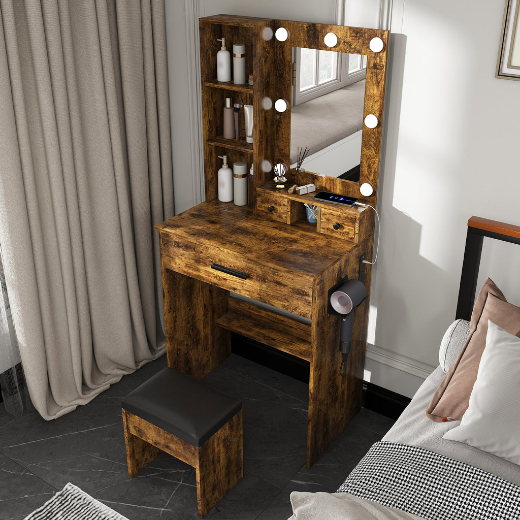 Vintage Vanity Table with Mirror, Adjustable LED Lights, Power Outlet, Hairdryer Holder & Stool – Compact Dressing Desk for Small Bedrooms - Grand Goldman Shop