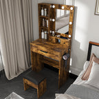Vintage Vanity Table with Mirror, Adjustable LED Lights, Power Outlet, Hairdryer Holder & Stool – Compact Dressing Desk for Small Bedrooms - Grand Goldman Shop