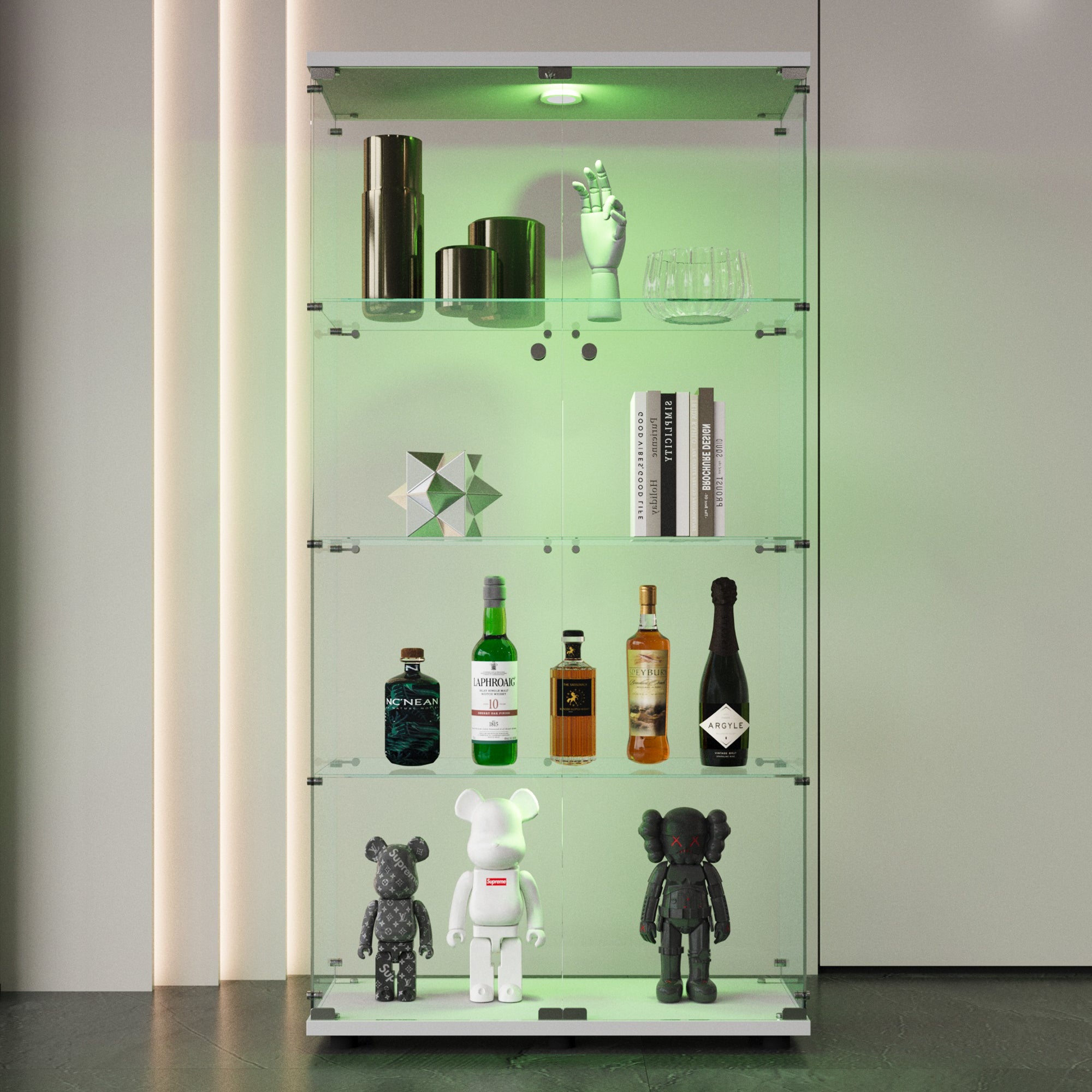 Two-door LED lights  Glass Display Cabinet 4 Shelves with Door, Floor Standing Curio Bookshelf for Living Room Bedroom Office