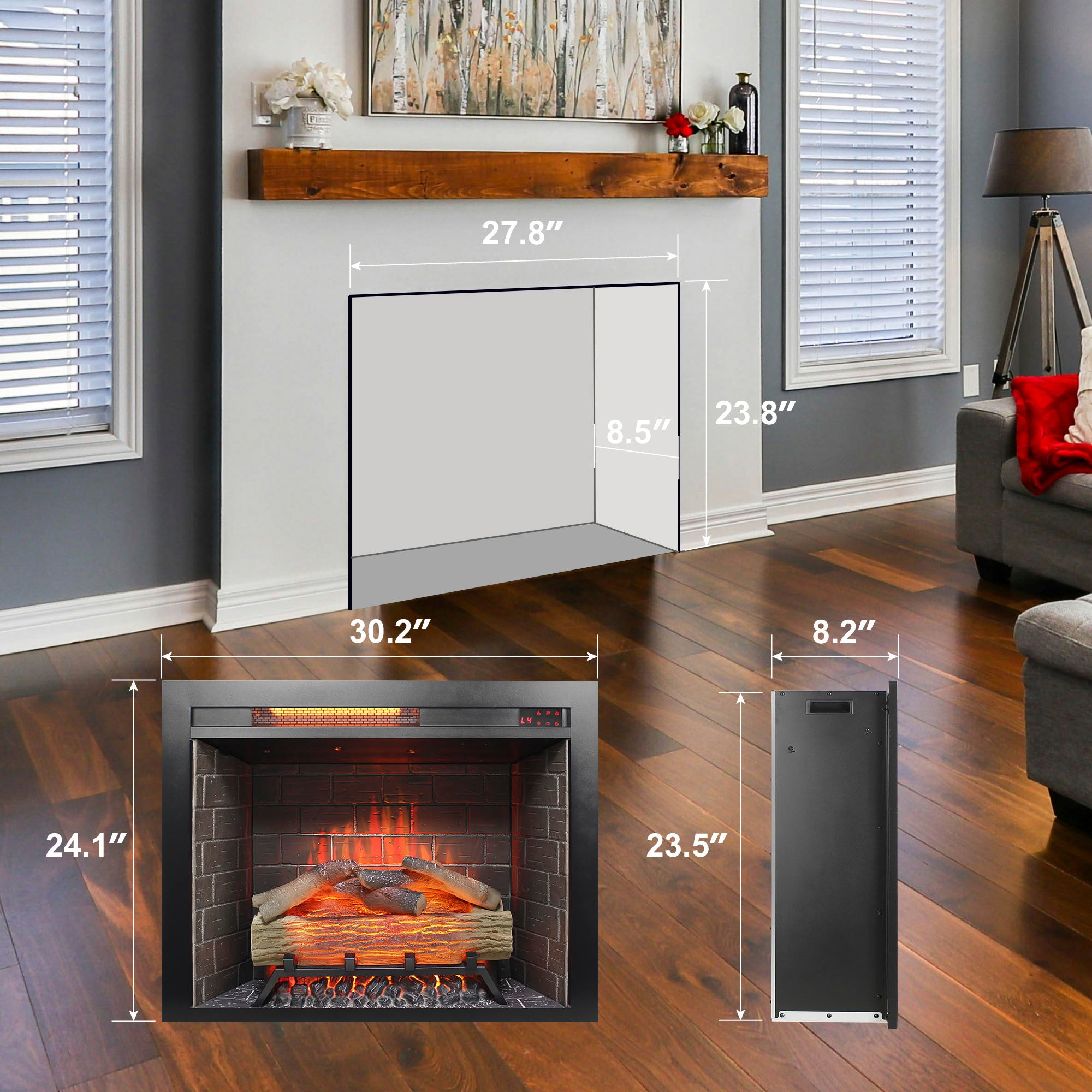 28 inch Infrared Electric Fireplace Insert, Touch Panel Home Decor Heater, Smokeless Firebox With fixed Trim Kit.With Crackling Sound - Grand Goldman Shop