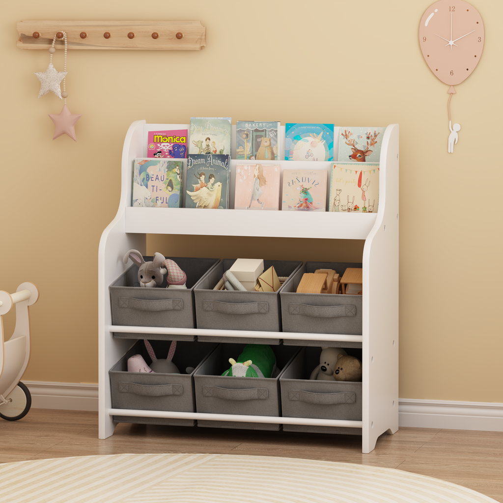 Kids Bookshelf with 6 Fabric Storage Bins, Multi-Functional Children's Bookcase and Toy Organizer, Front-Facing Display Shelf